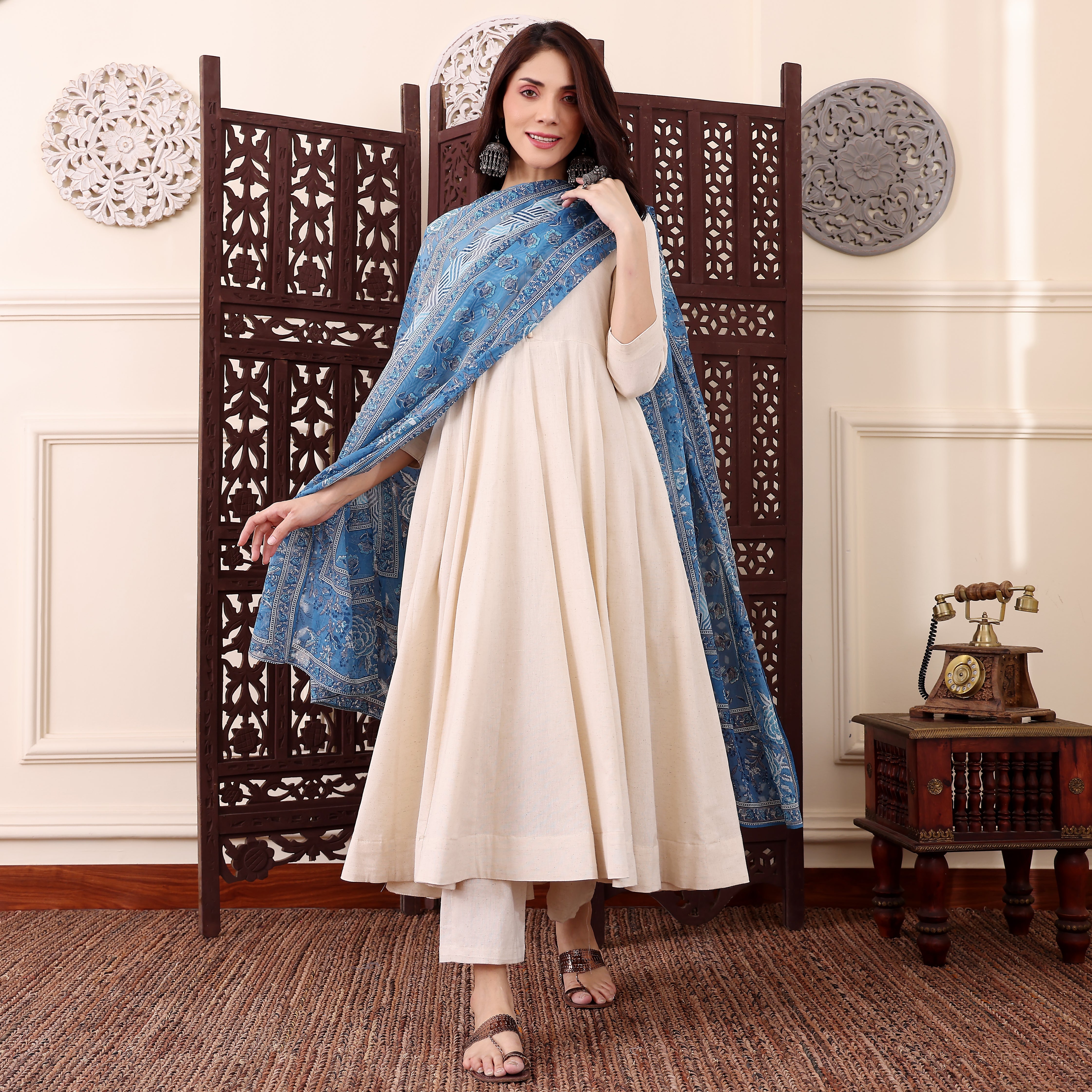 Off-White Chanderi Silk Anarkali Kurta Pant Suit Set with Blue Floral Printed Dupatt
