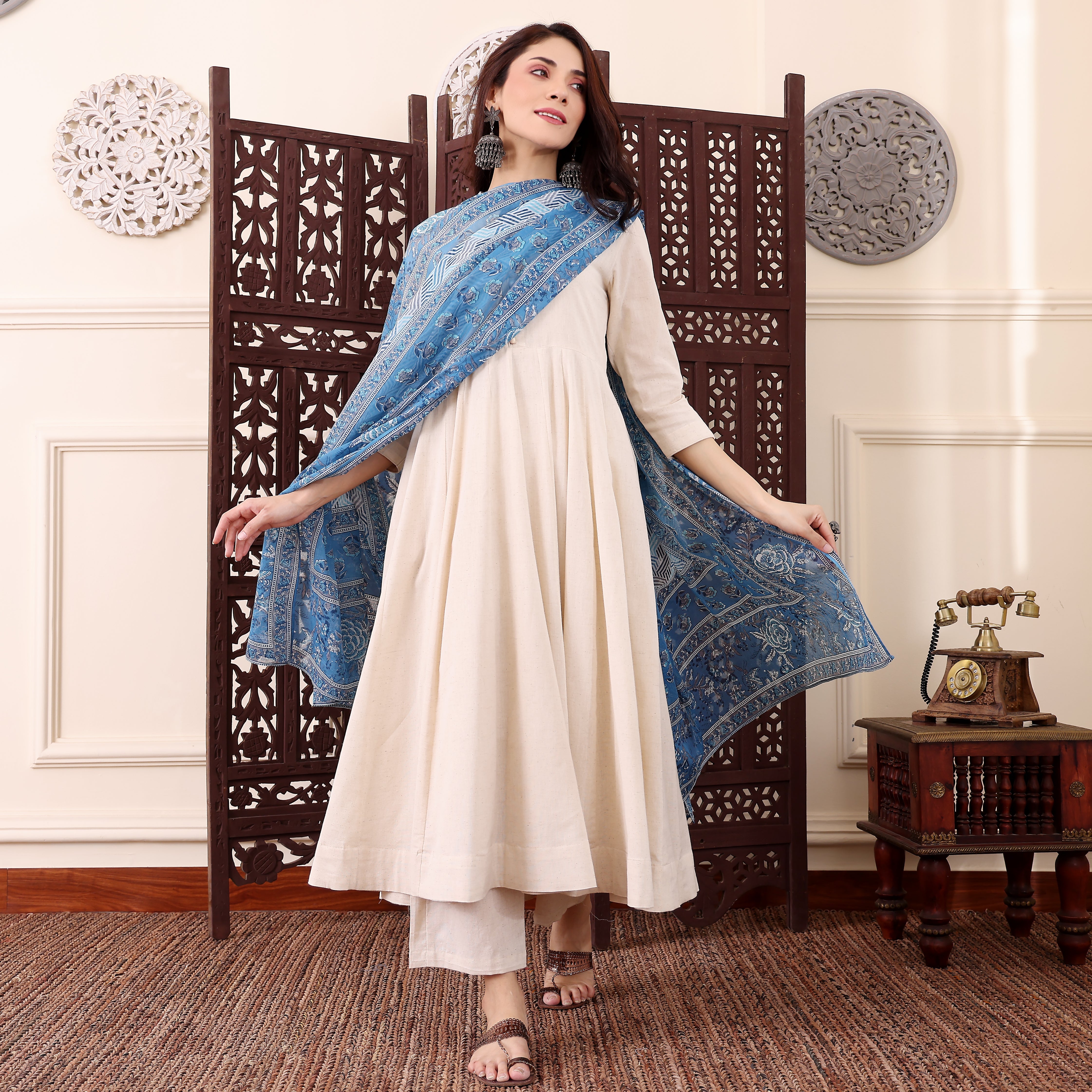 Off-White Chanderi Silk Anarkali Kurta Pant Suit Set with Blue Floral Printed Dupatt