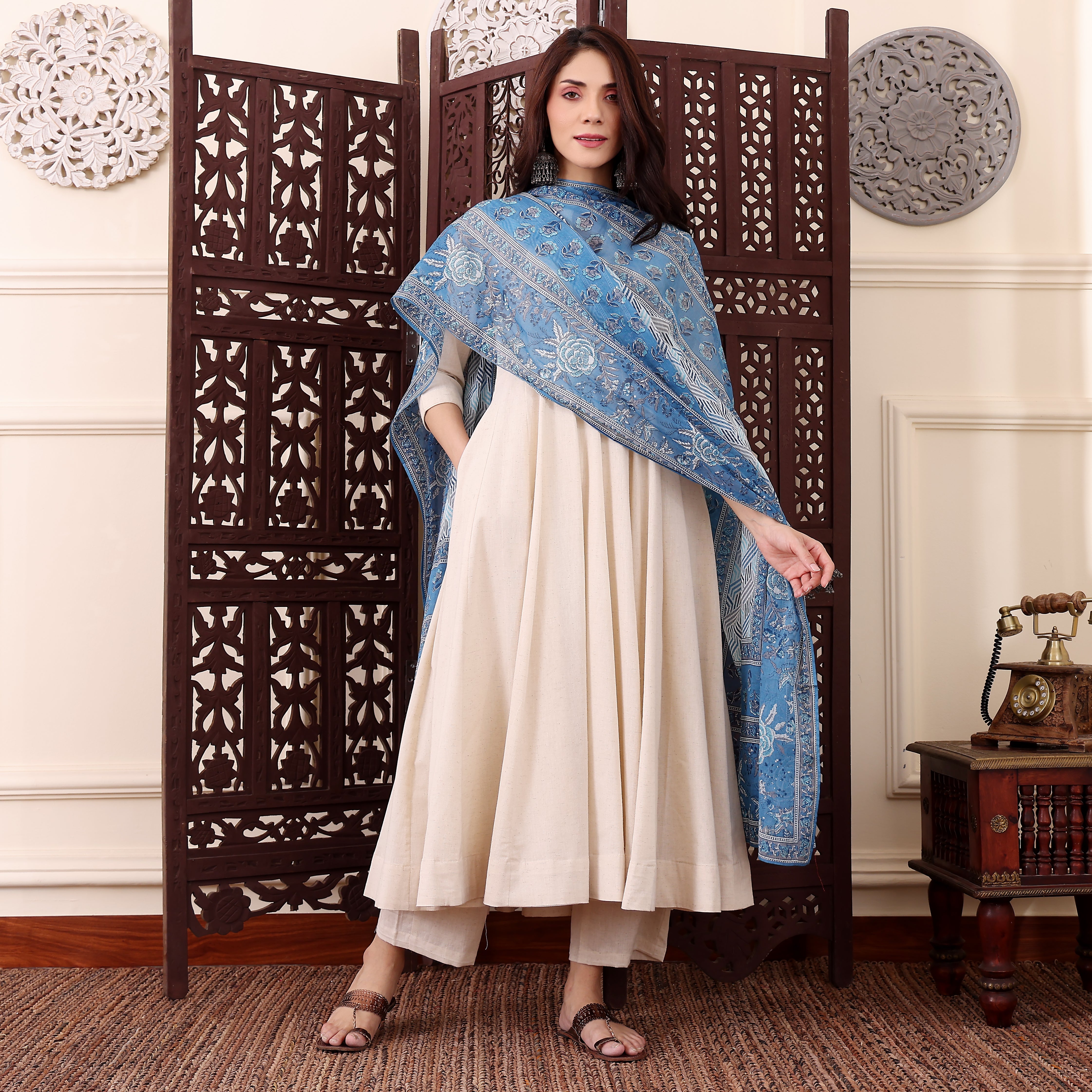 Off-White Chanderi Silk Anarkali Kurta Pant Suit Set with Blue Floral Printed Dupatt