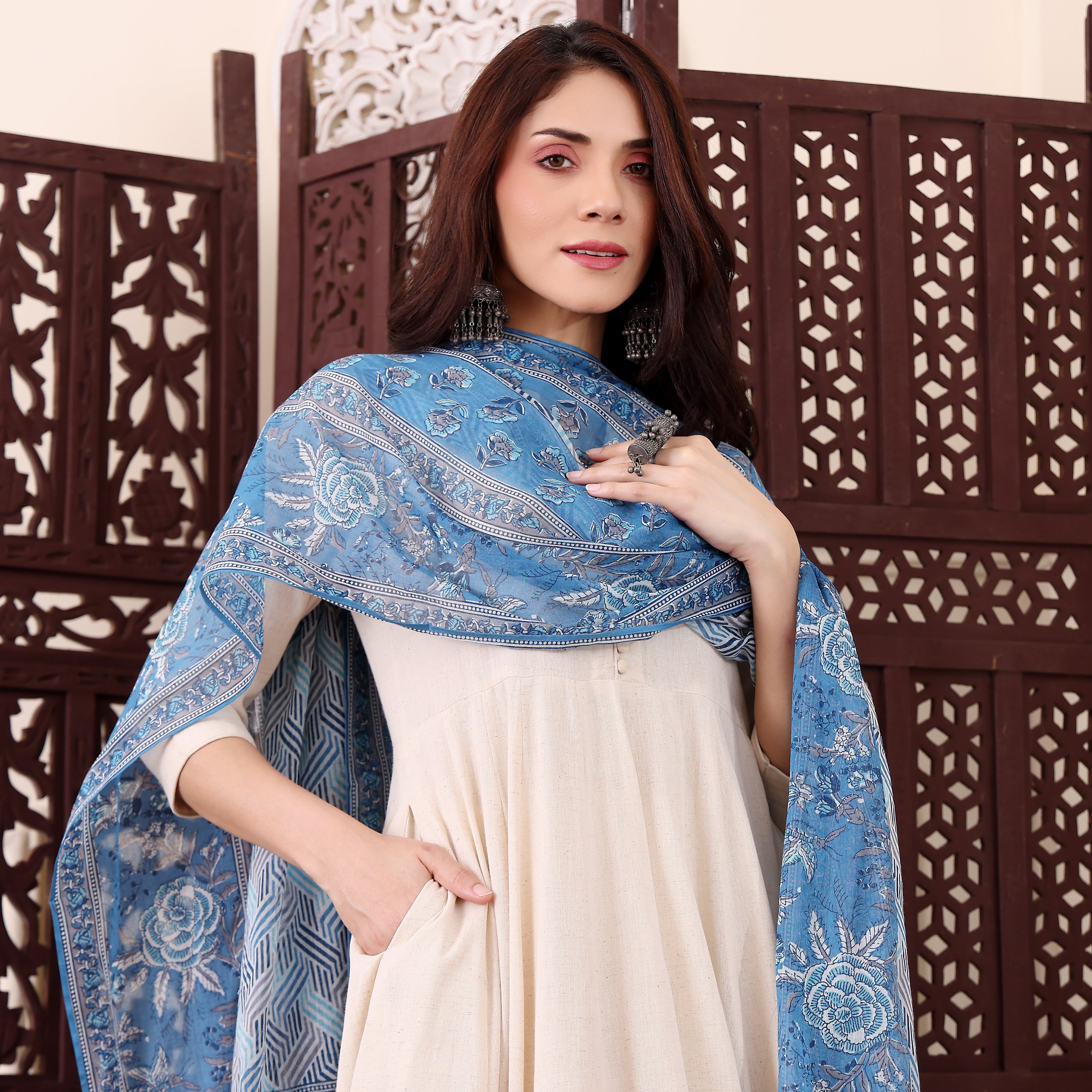 Off-White Chanderi Silk Anarkali Kurta Pant Suit Set with Blue Floral Printed Dupatt