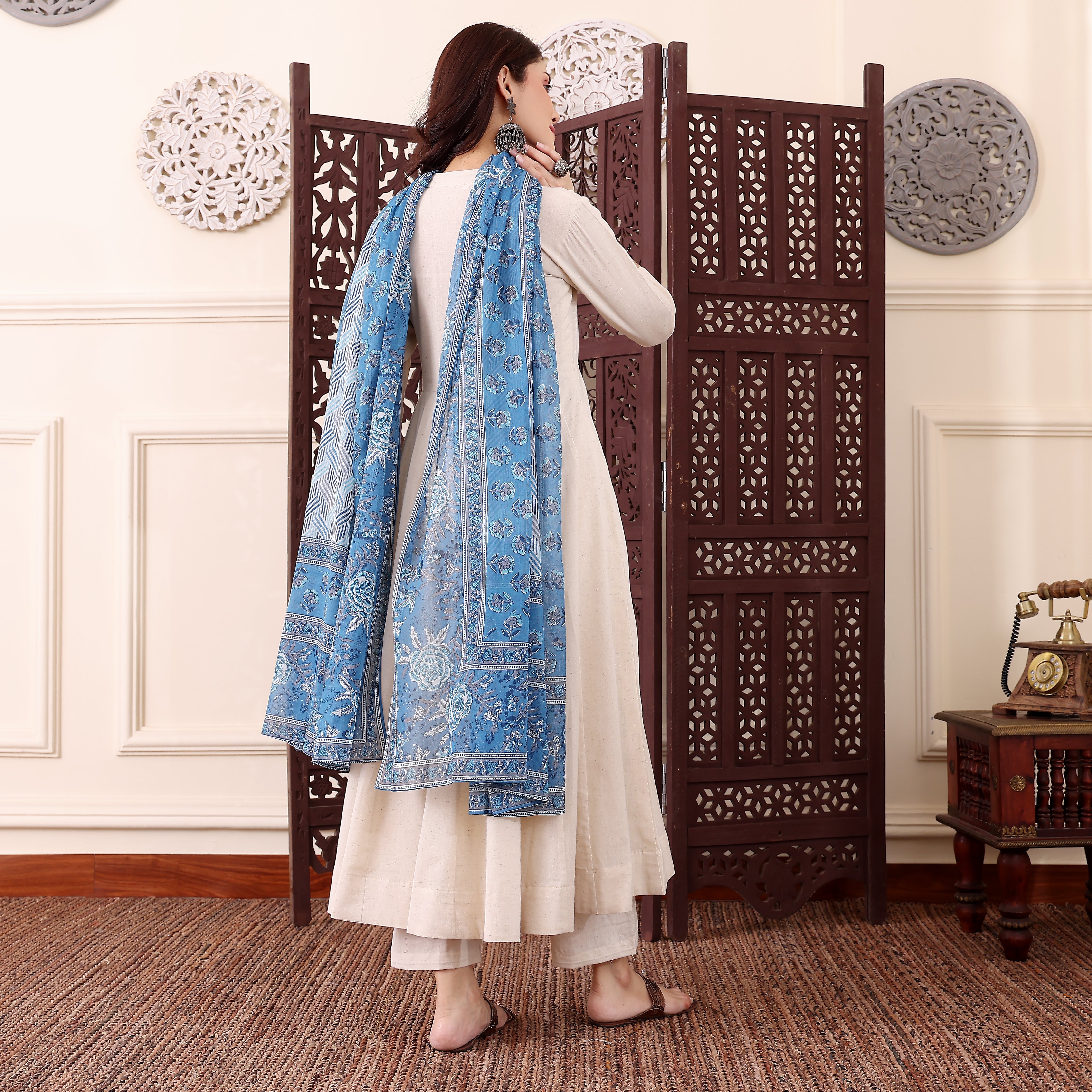 Off-White Chanderi Silk Anarkali Kurta Pant Suit Set with Blue Floral Printed Dupatt
