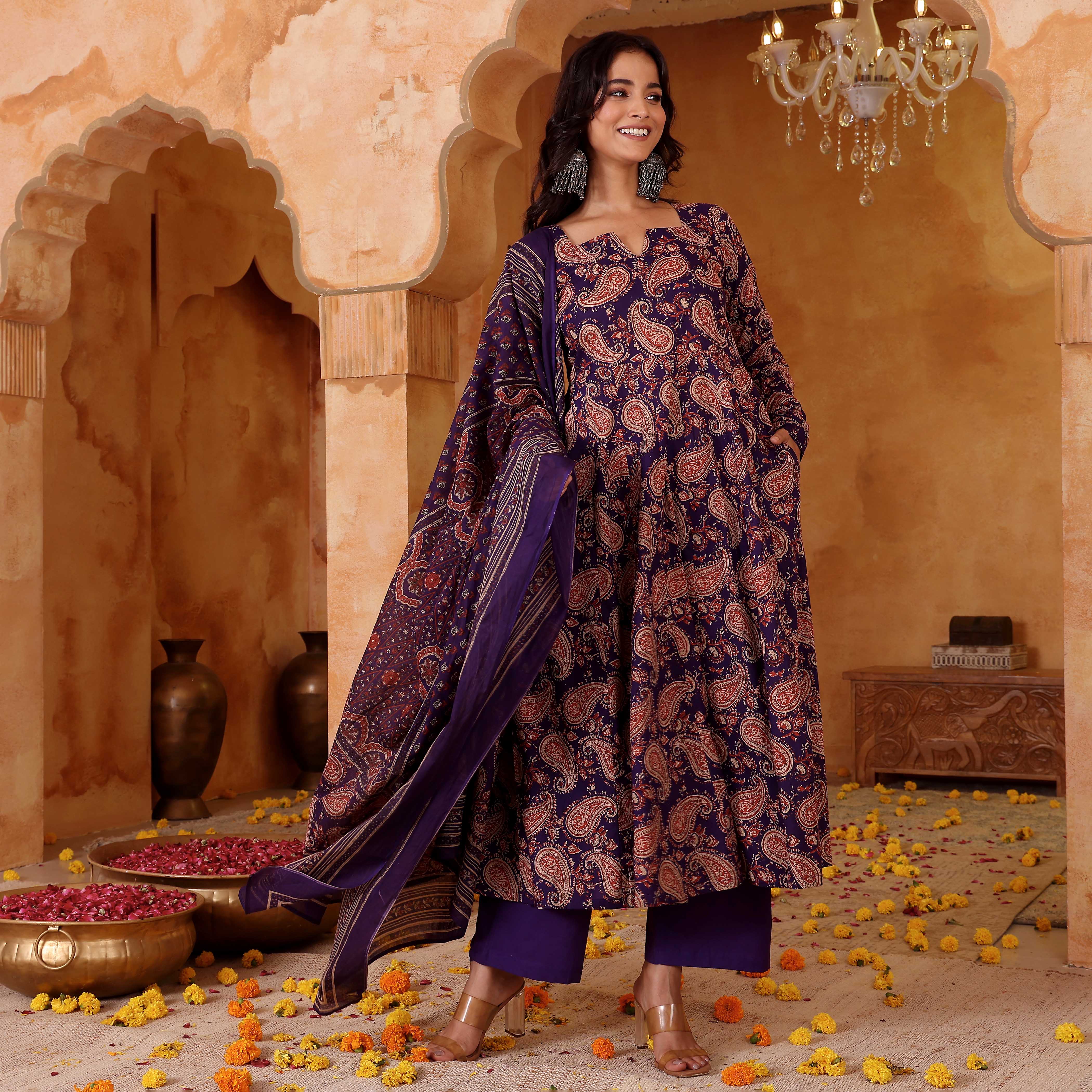 Purple Paisley Mughal Floral Printed Rayon Anarkali Kurta Pant Suit Set with Dupatta