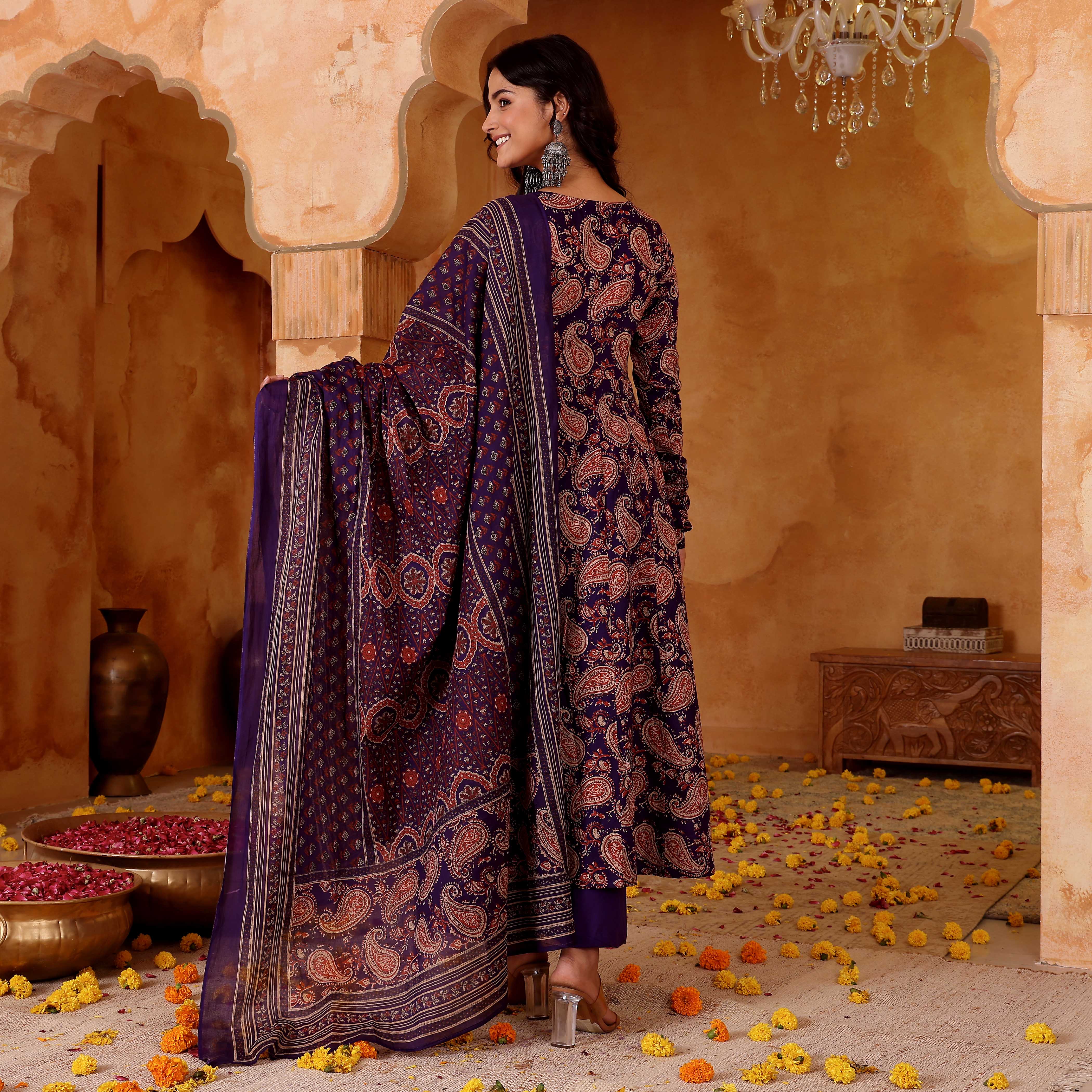 Purple Paisley Mughal Floral Printed Rayon Anarkali Kurta Pant Suit Set with Dupatta