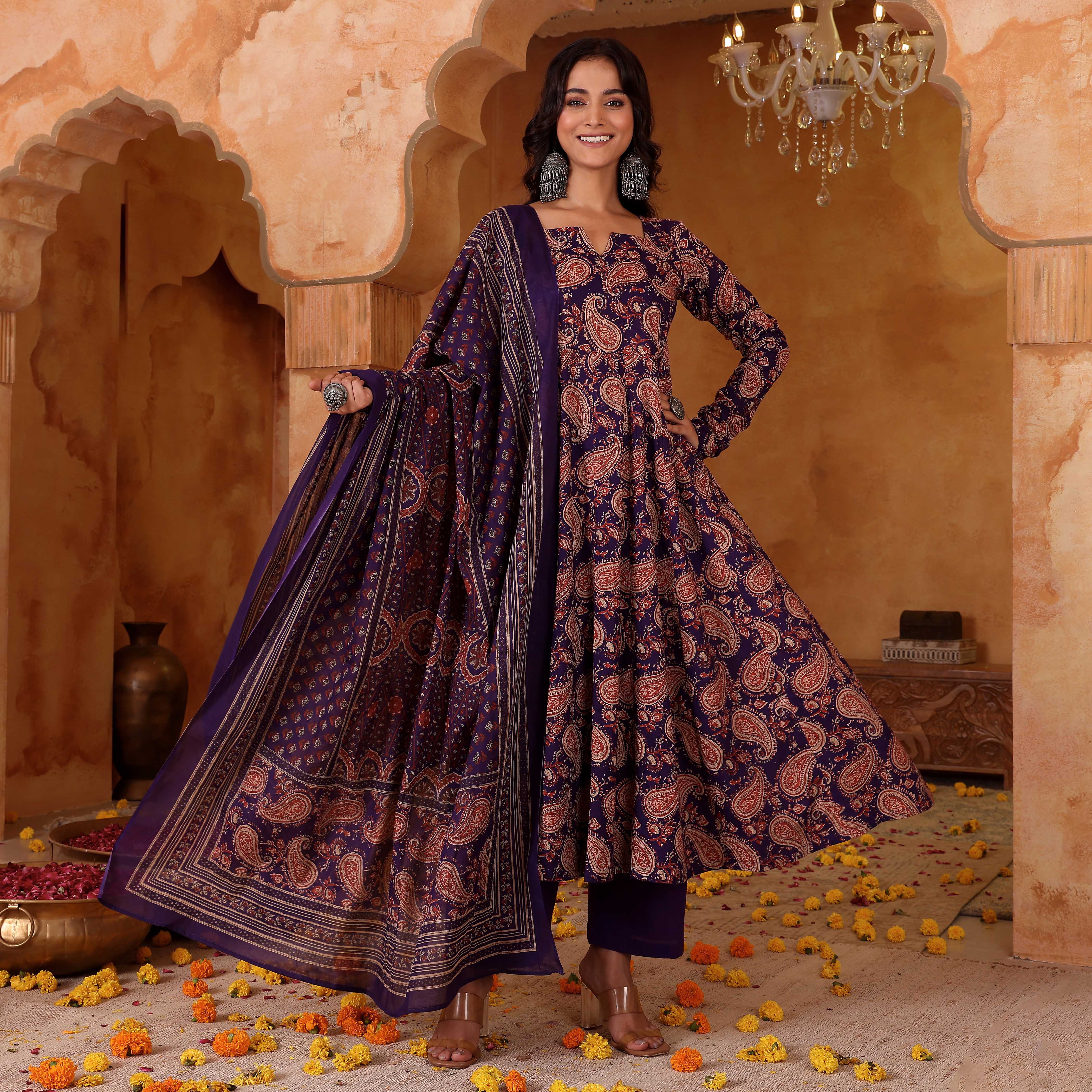 Purple Paisley Mughal Floral Printed Rayon Anarkali Kurta Pant Suit Set with Dupatta