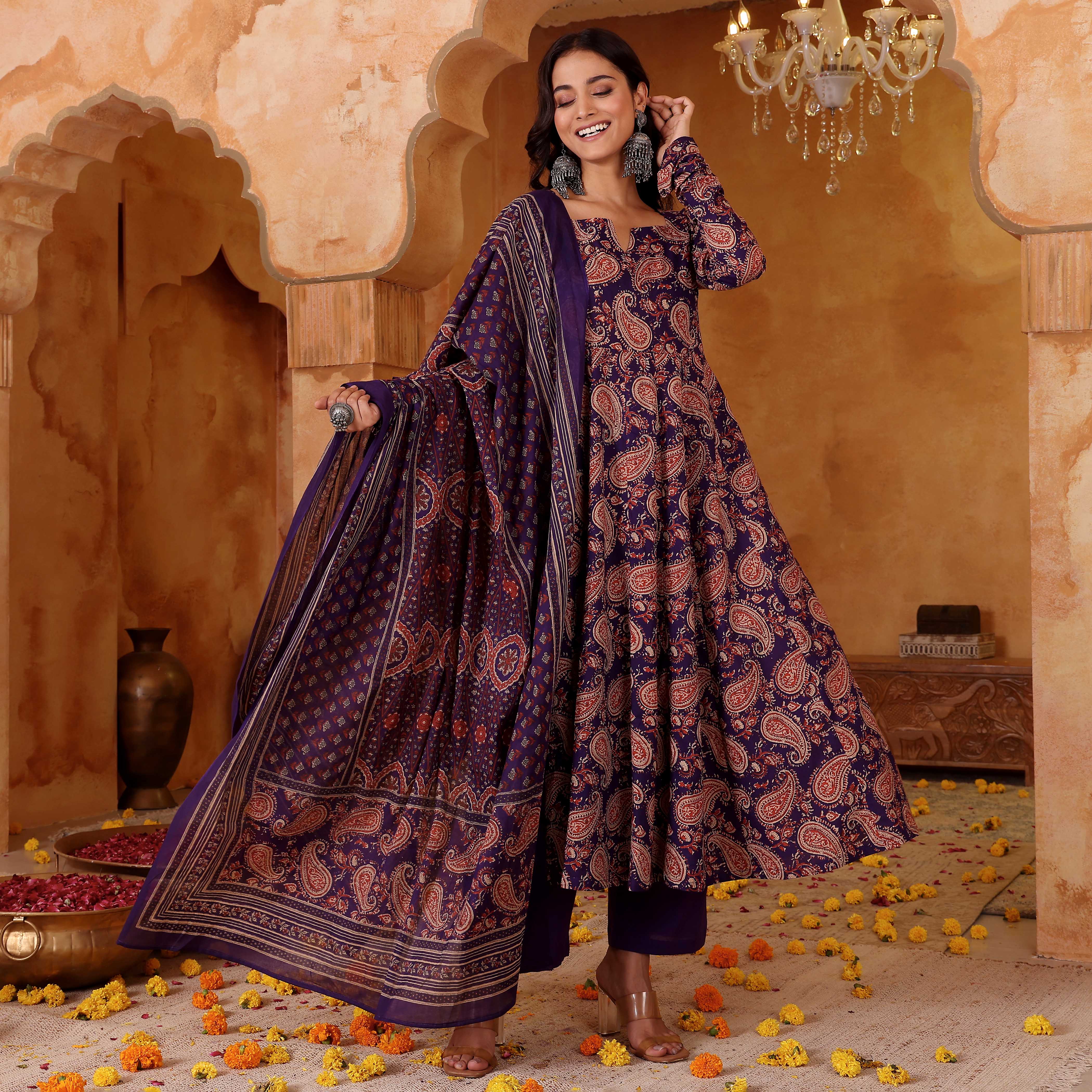 Purple Paisley Mughal Floral Printed Rayon Anarkali Kurta Pant Suit Set with Dupatta