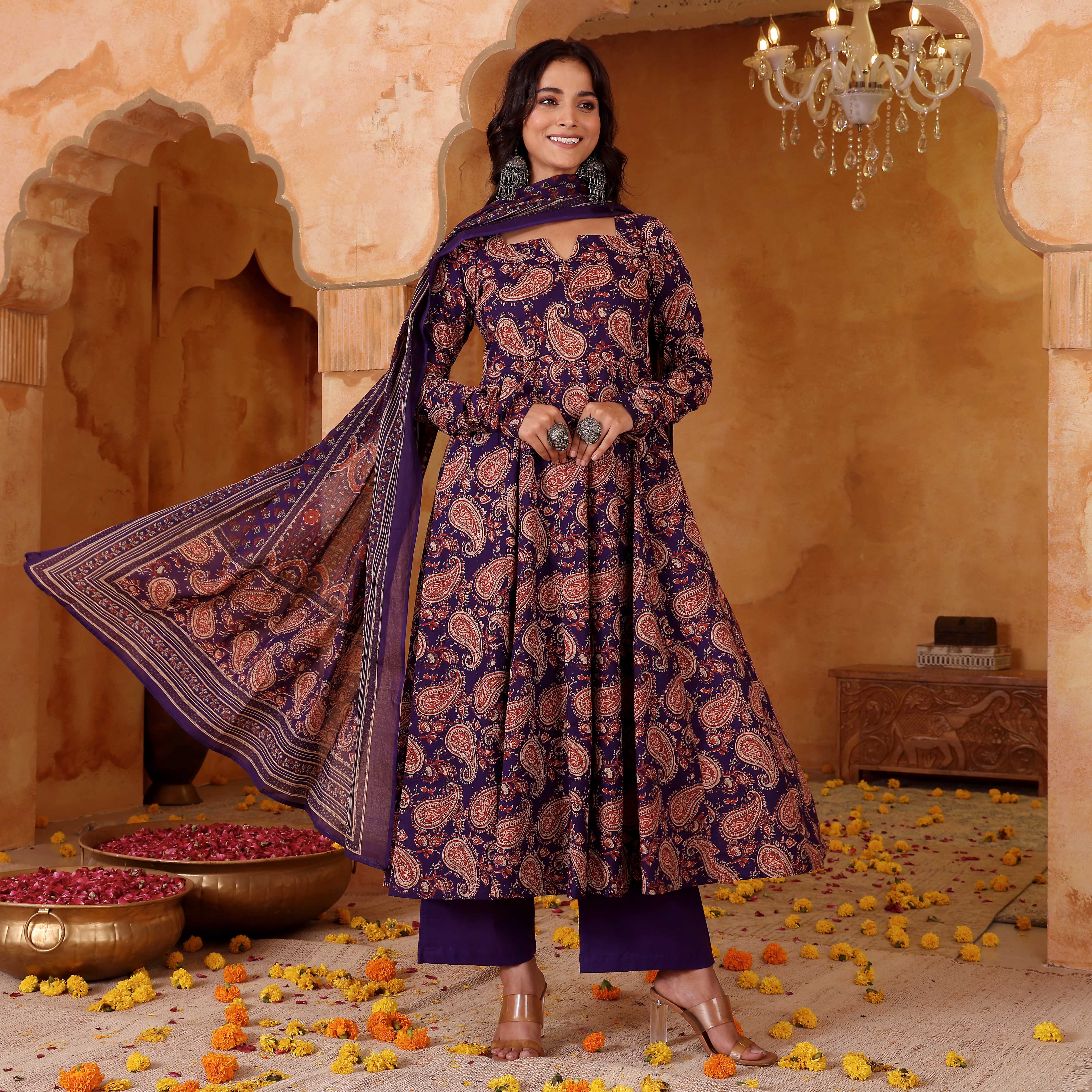 Purple Paisley Mughal Floral Printed Rayon Anarkali Kurta Pant Suit Set with Dupatta
