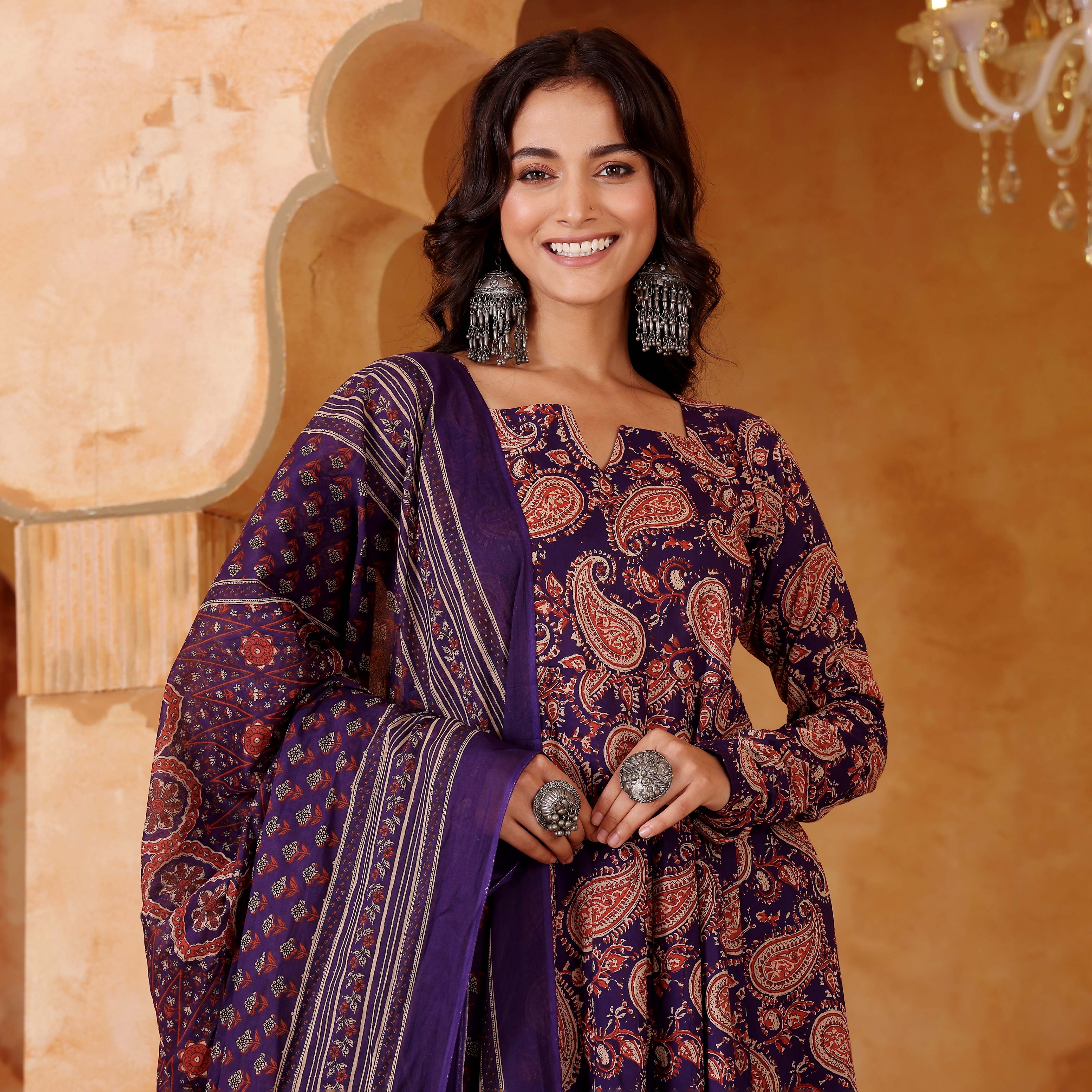 Purple Paisley Mughal Floral Printed Rayon Anarkali Kurta Pant Suit Set with Dupatta