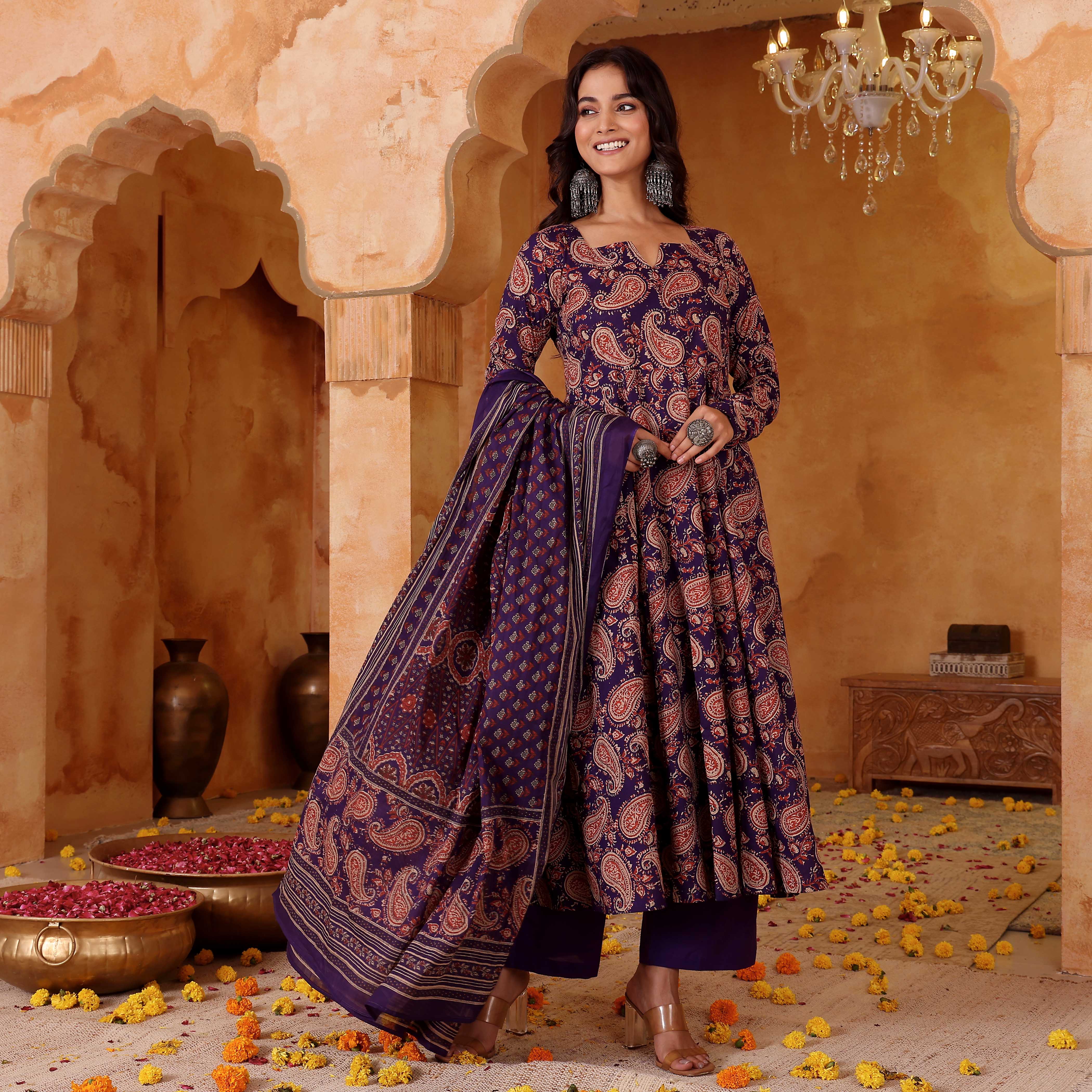 Purple Paisley Mughal Floral Printed Rayon Anarkali Kurta Pant Suit Set with Dupatta