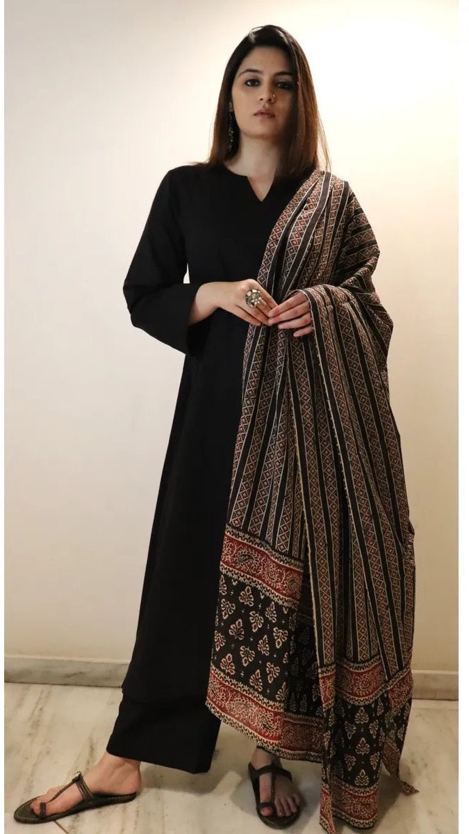 Black Viscose Chanderi Kurta Pant Set with Ajrakh Printed Dupatta
