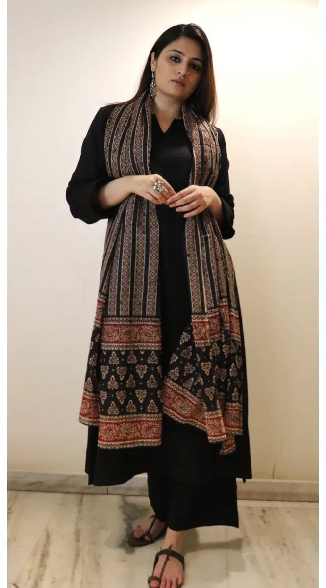 Black Viscose Chanderi Kurta Pant Set with Ajrakh Printed Dupatta