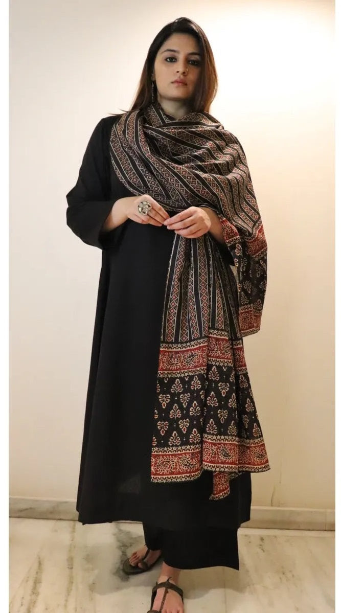 Black Viscose Chanderi Kurta Pant Set with Ajrakh Printed Dupatta