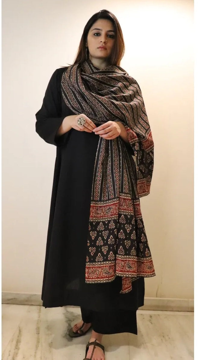 Black Viscose Chanderi Kurta Pant Set with Ajrakh Printed Dupatta