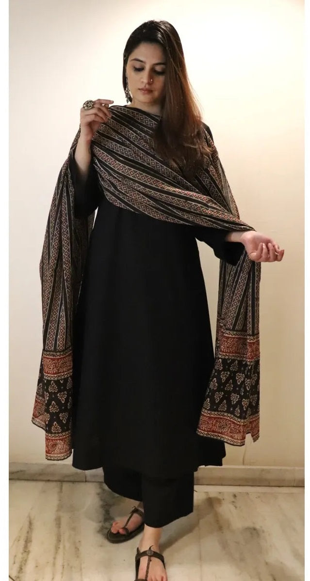 Black Viscose Chanderi Kurta Pant Set with Ajrakh Printed Dupatta