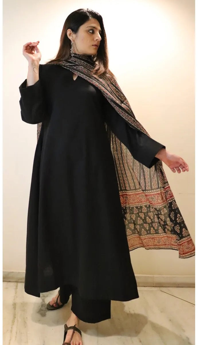 Black Viscose Chanderi Kurta Pant Set with Ajrakh Printed Dupatta