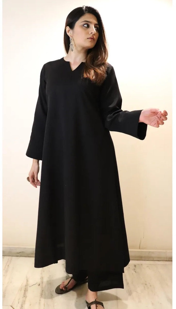Black Viscose Chanderi Kurta Pant Set with Ajrakh Printed Dupatta
