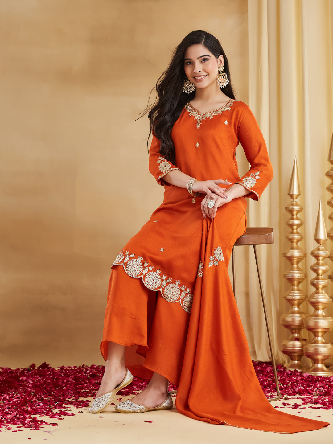 Rust Orange Vichitra Silk Scalloped Hem Kurta Palazzo Suit Set with Dupatta