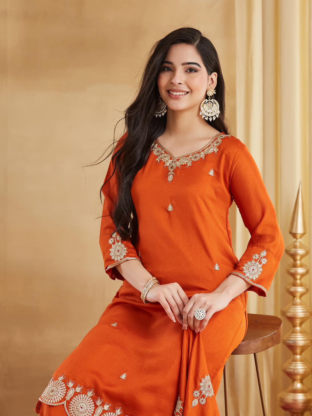 Rust Orange Vichitra Silk Scalloped Hem Kurta Palazzo Suit Set with Dupatta