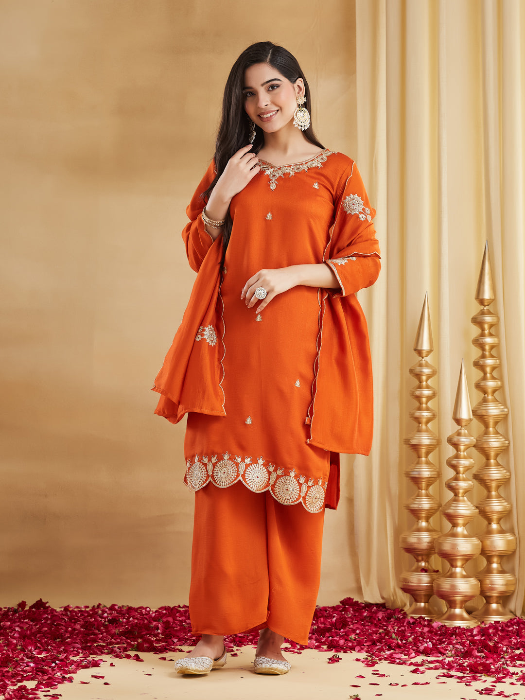 Rust Orange Vichitra Silk Scalloped Hem Kurta Palazzo Suit Set with Dupatta