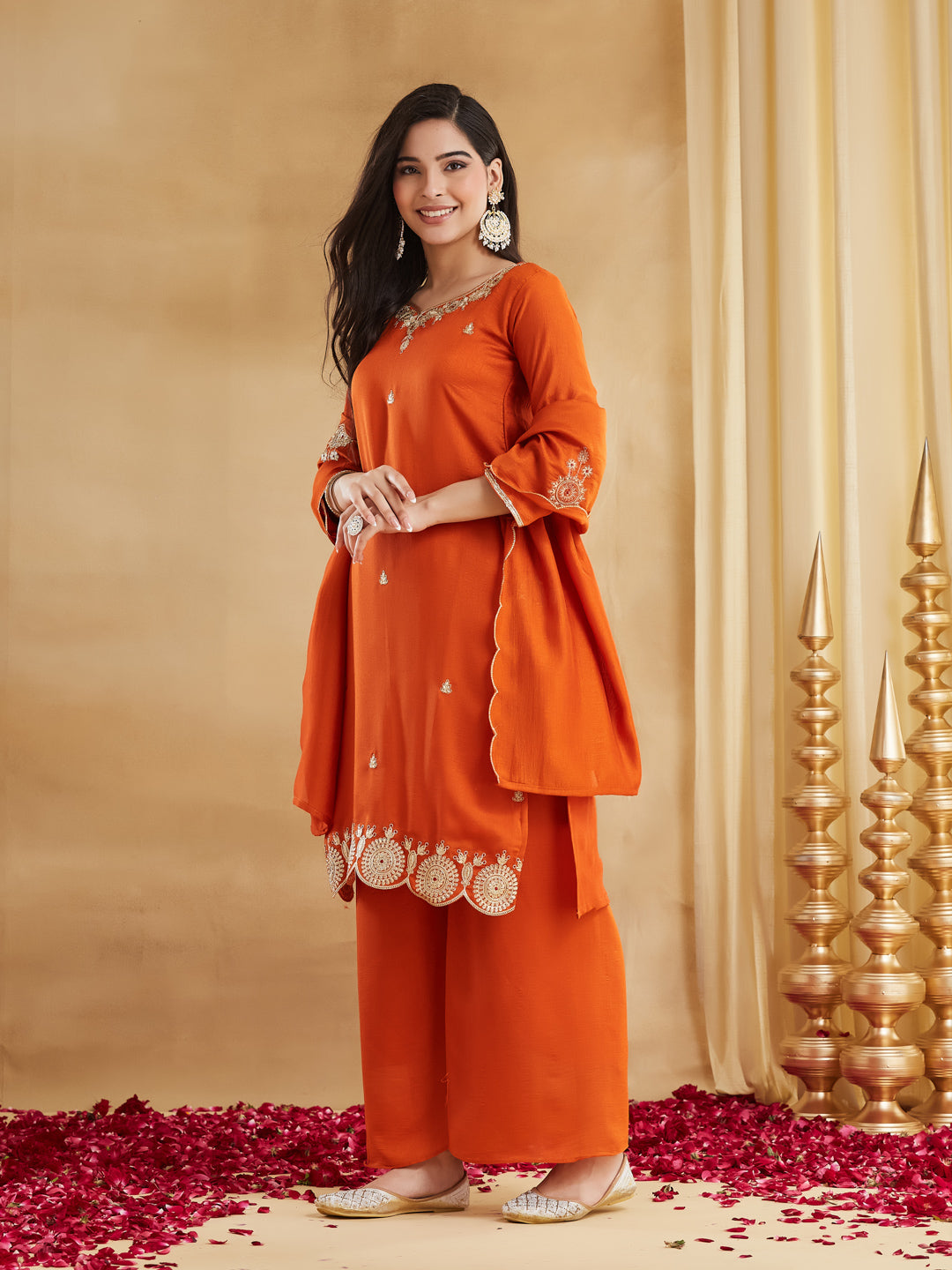 Rust Orange Vichitra Silk Scalloped Hem Kurta Palazzo Suit Set with Dupatta