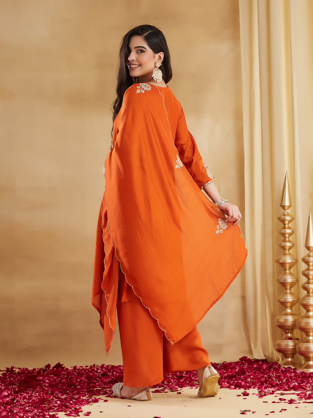 Rust Orange Vichitra Silk Scalloped Hem Kurta Palazzo Suit Set with Dupatta