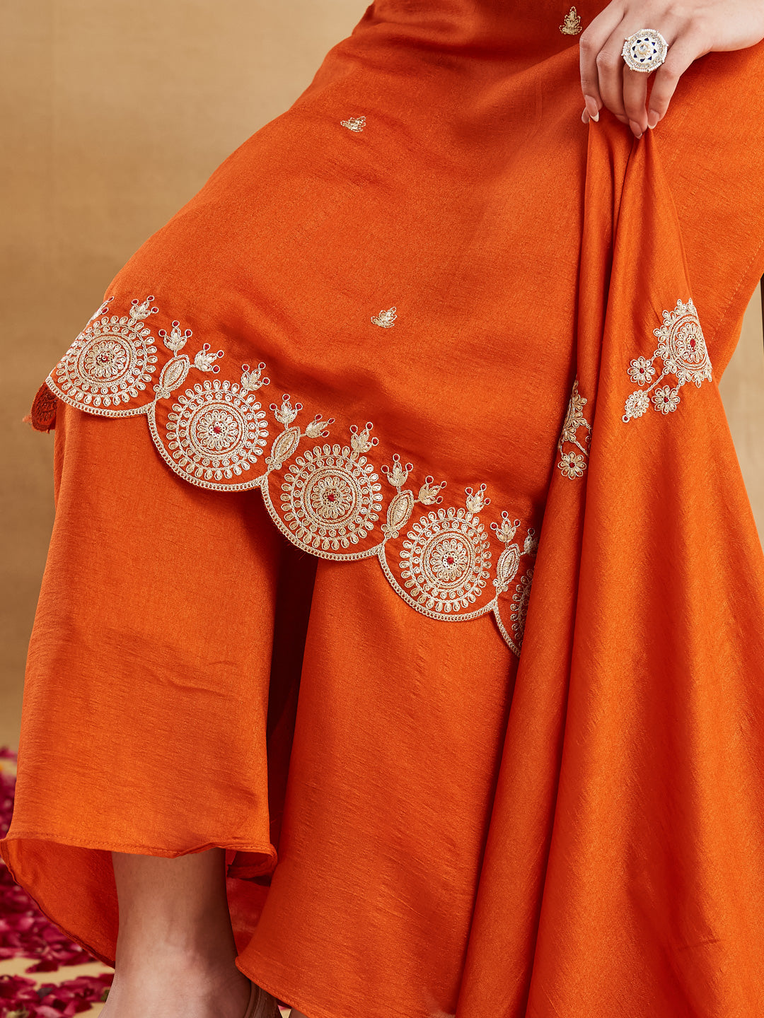 Rust Orange Vichitra Silk Scalloped Hem Kurta Palazzo Suit Set with Dupatta