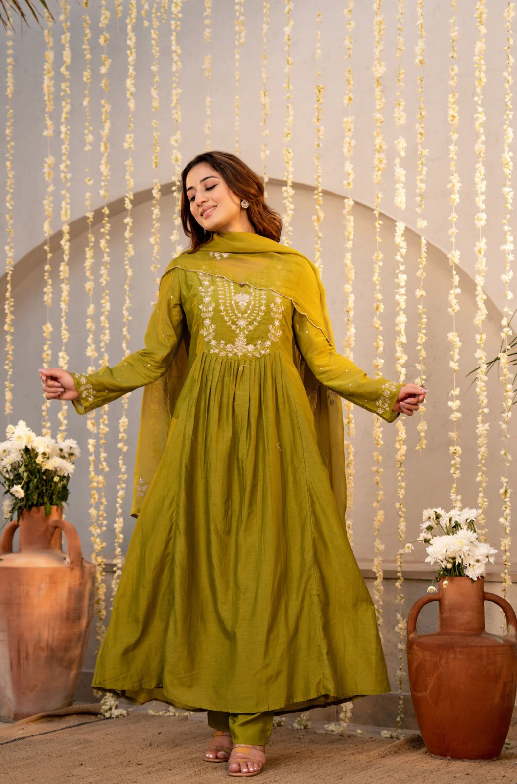 Olive Green Chanderi Silk Empire-Line Anarkali Kurta Pant Suit Set with Dupatta