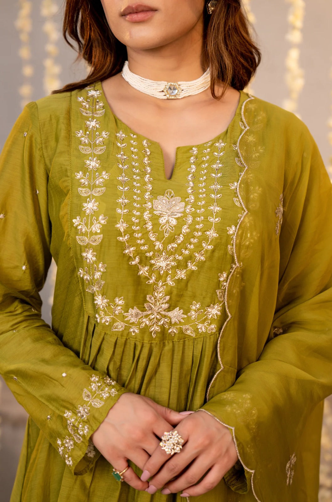 Olive Green Chanderi Silk Empire-Line Anarkali Kurta Pant Suit Set with Dupatta