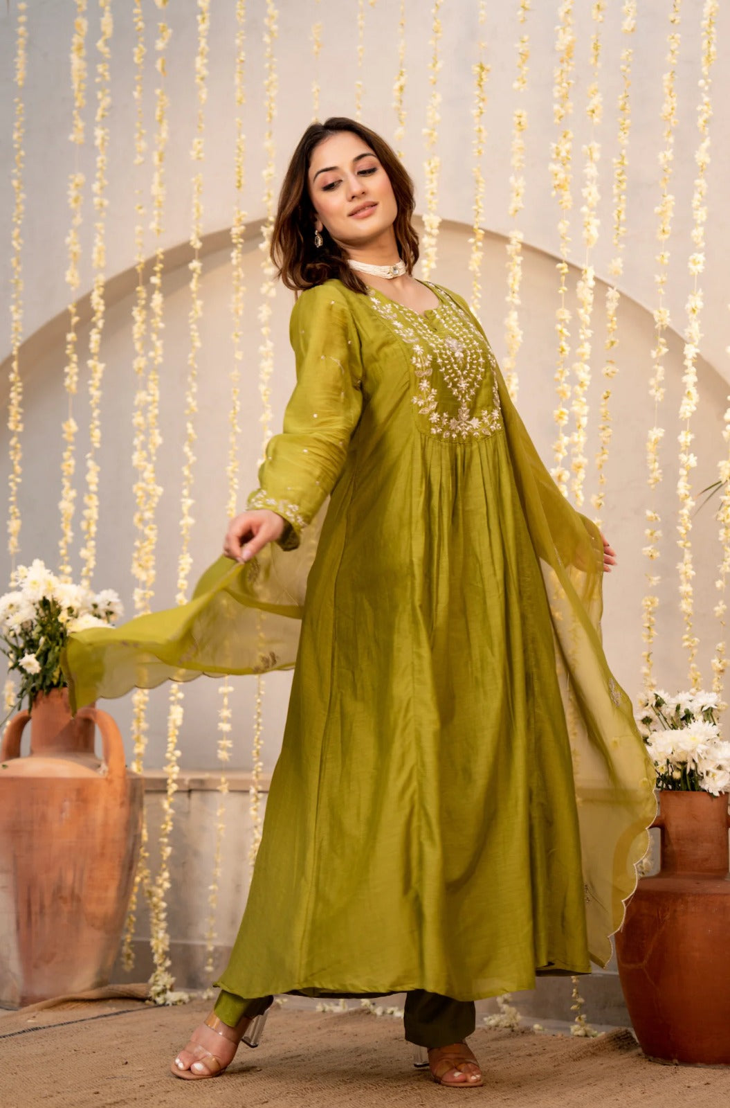 Olive Green Chanderi Silk Empire-Line Anarkali Kurta Pant Suit Set with Dupatta