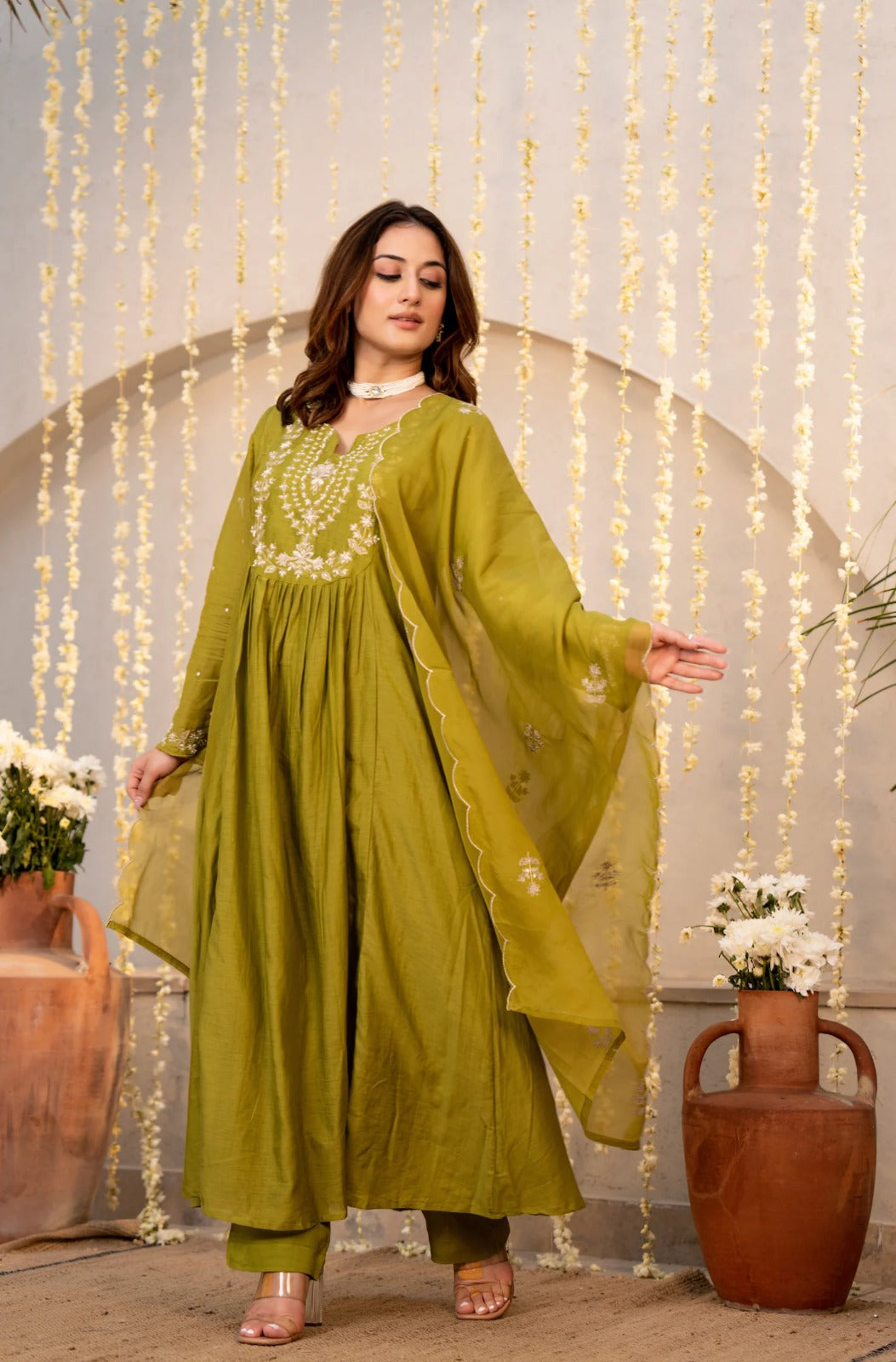 Olive Green Chanderi Silk Empire-Line Anarkali Kurta Pant Suit Set with Dupatta