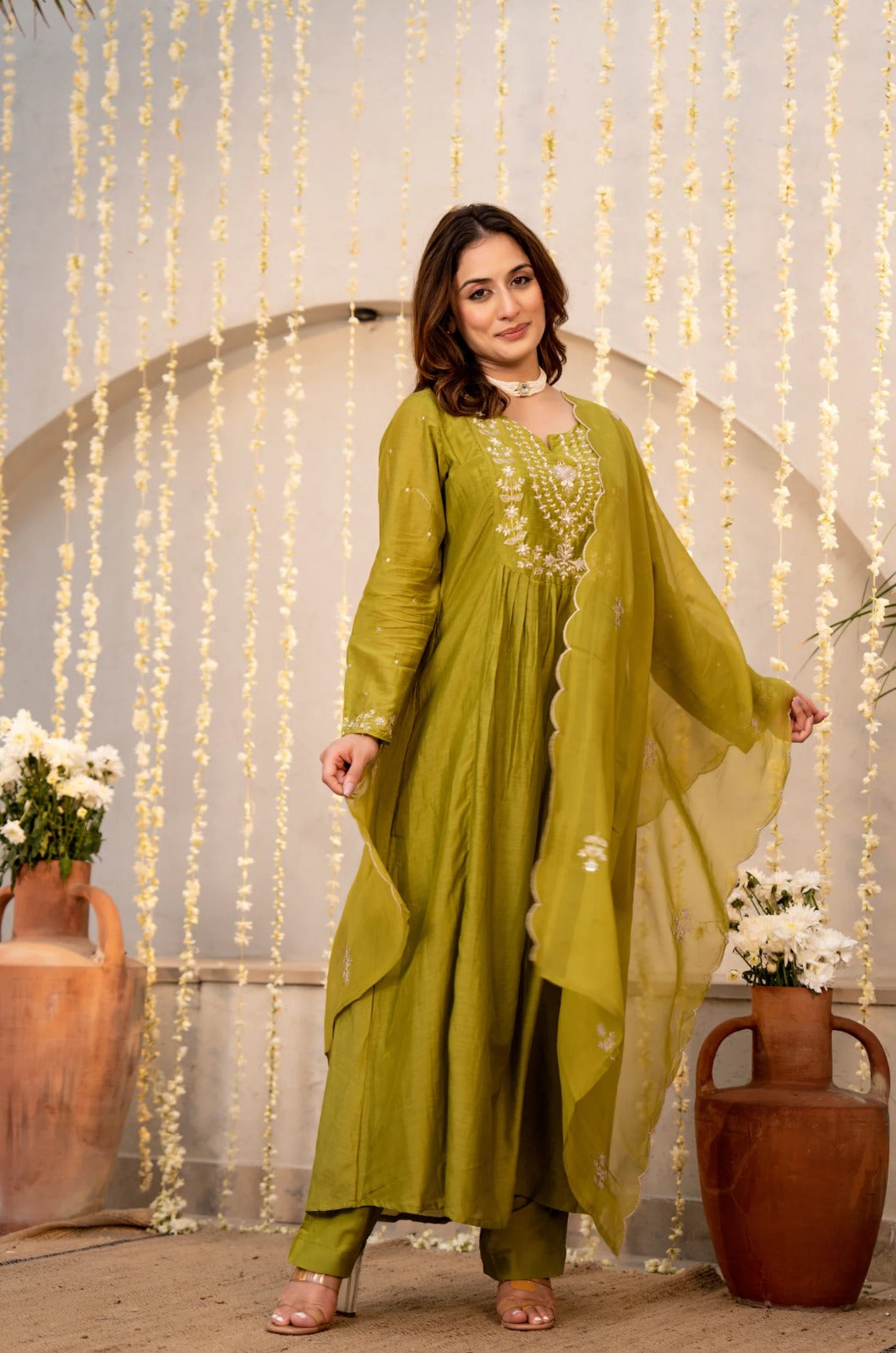 Olive Green Chanderi Silk Empire-Line Anarkali Kurta Pant Suit Set with Dupatta
