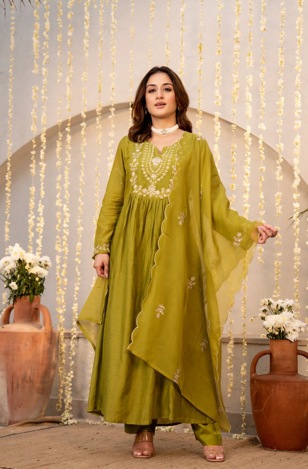 Olive Green Chanderi Silk Empire-Line Anarkali Kurta Pant Suit Set with Dupatta
