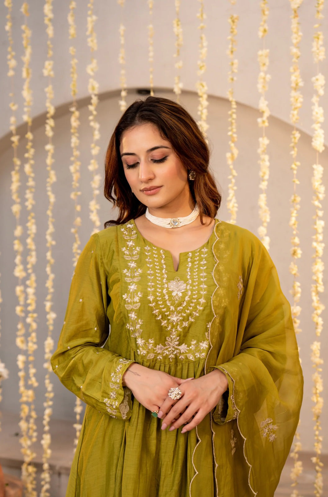 Olive Green Chanderi Silk Empire-Line Anarkali Kurta Pant Suit Set with Dupatta