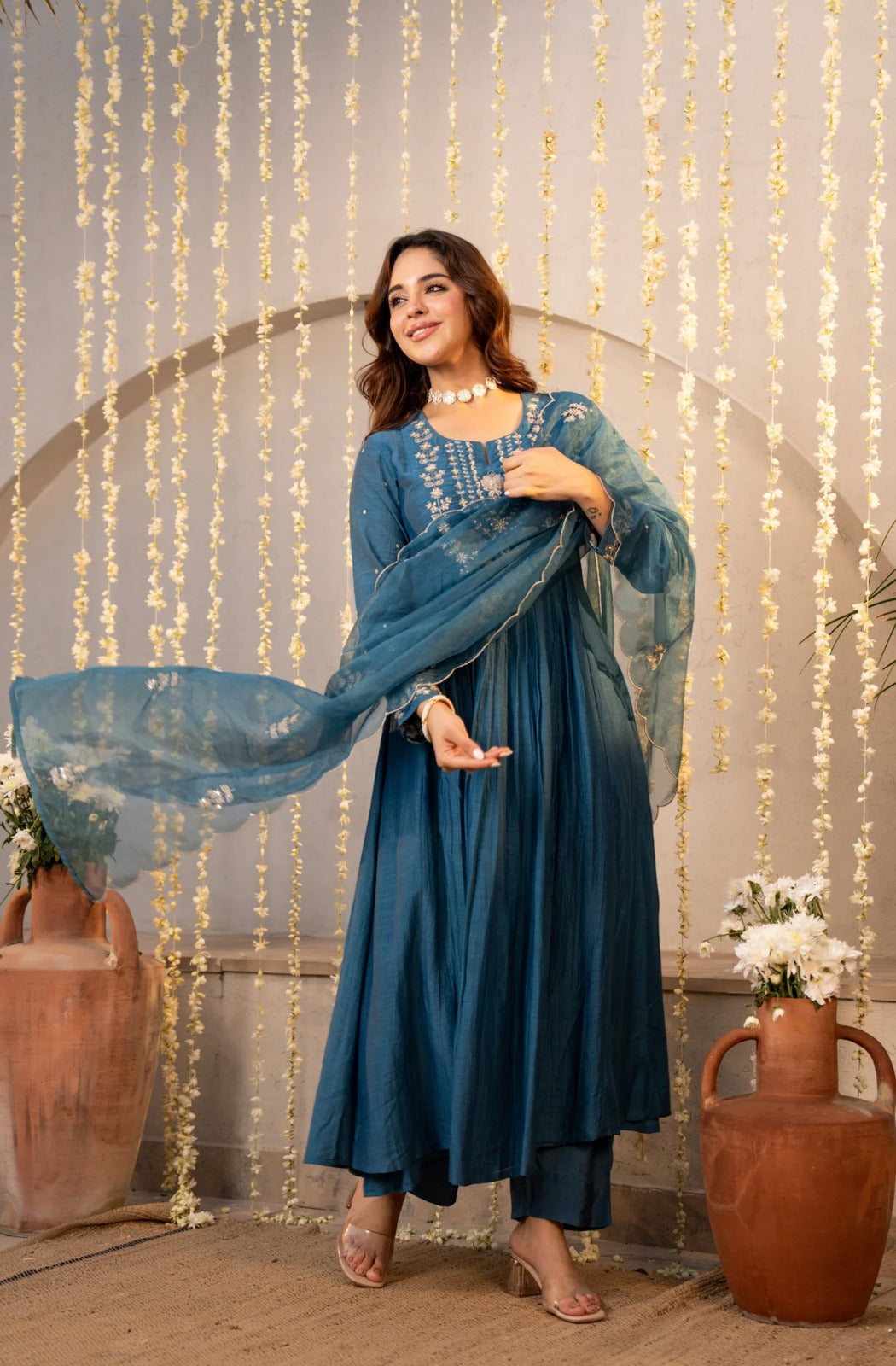 Teal Blue Chanderi Silk Empire-Line Anarkali Kurta Pant Suit Set with Dupatta