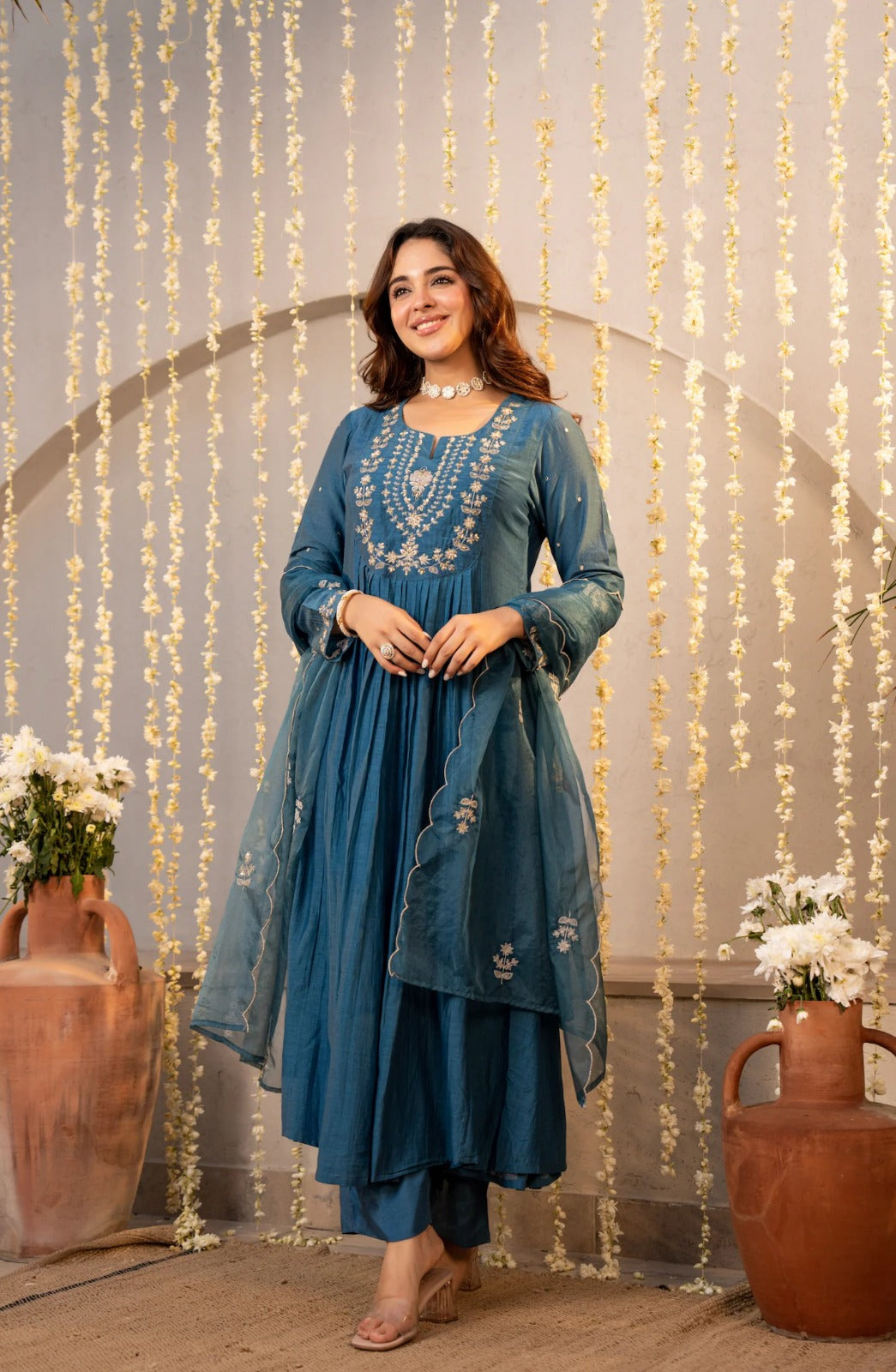 Teal Blue Chanderi Silk Empire-Line Anarkali Kurta Pant Suit Set with Dupatta