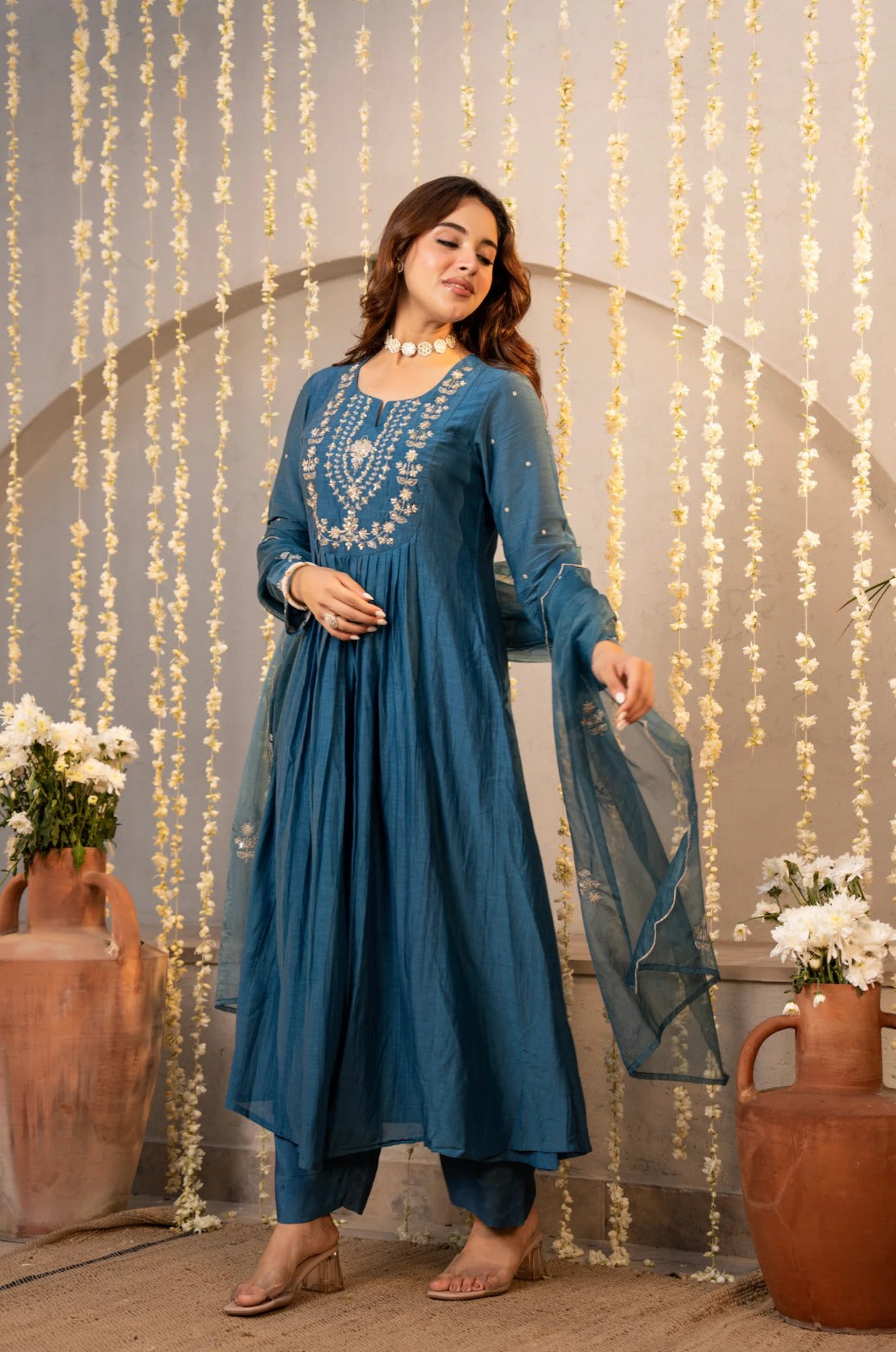Teal Blue Chanderi Silk Empire-Line Anarkali Kurta Pant Suit Set with Dupatta