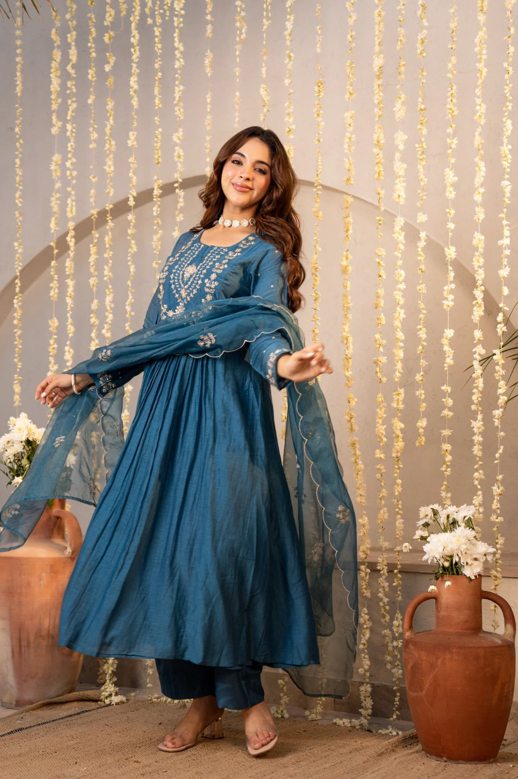 Teal Blue Chanderi Silk Empire-Line Anarkali Kurta Pant Suit Set with Dupatta