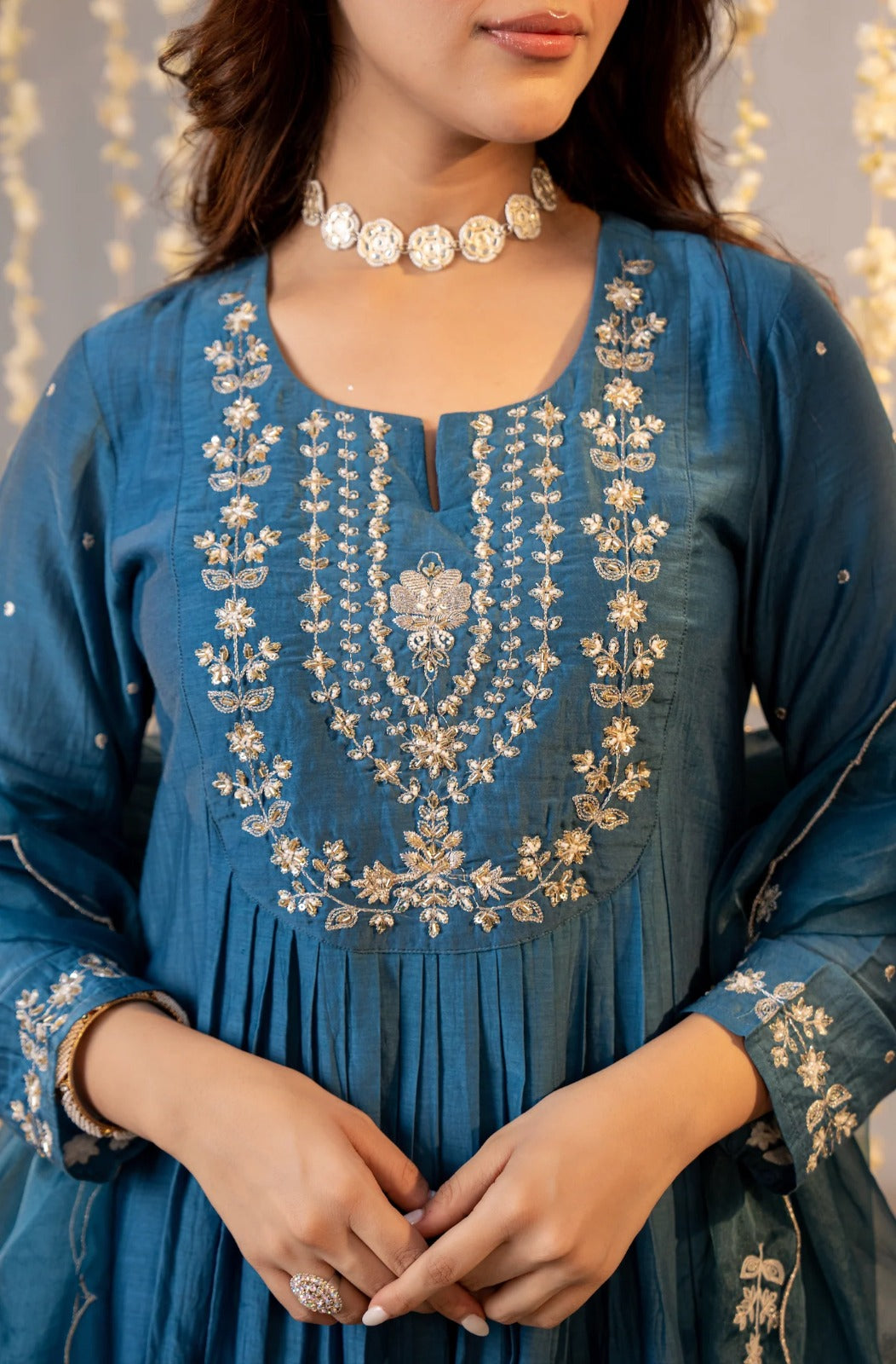 Teal Blue Chanderi Silk Empire-Line Anarkali Kurta Pant Suit Set with Dupatta