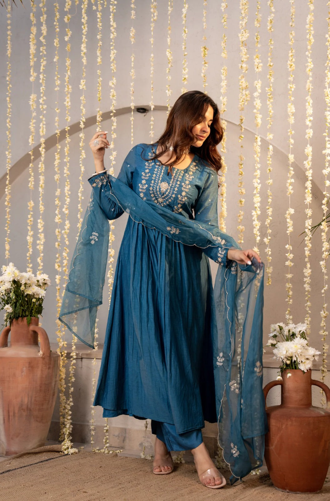 Teal Blue Chanderi Silk Empire-Line Anarkali Kurta Pant Suit Set with Dupatta