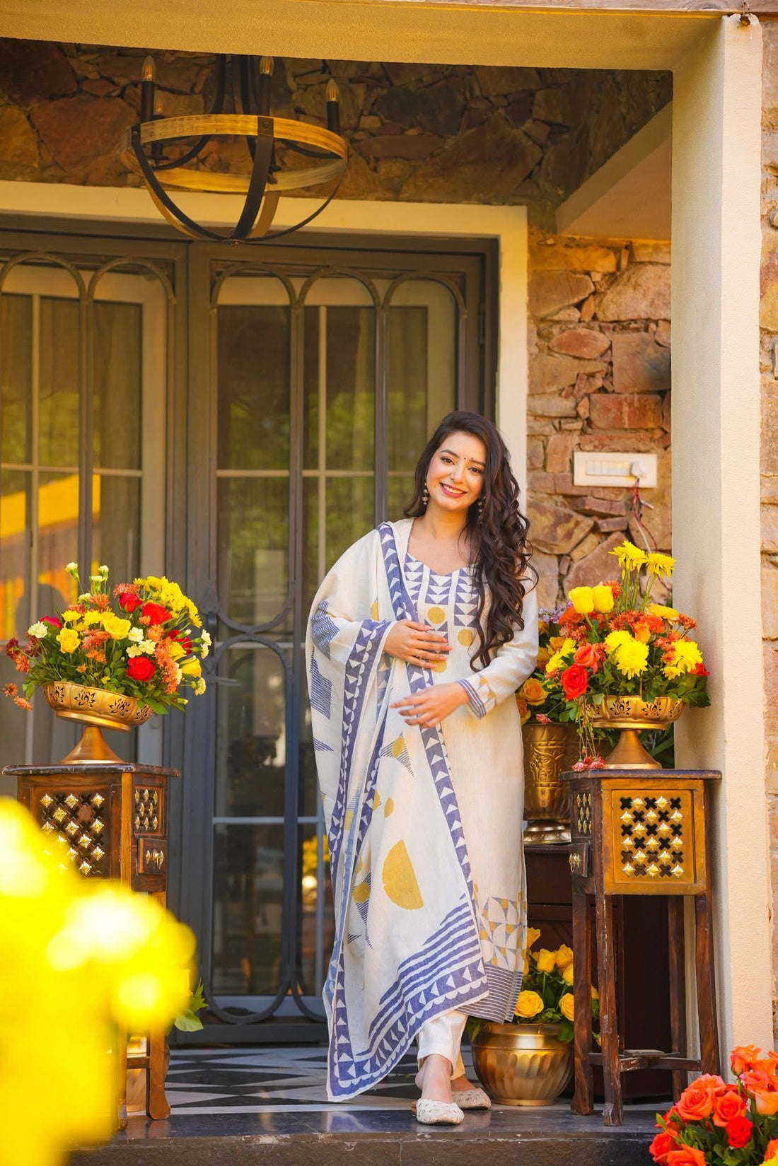 Off-White and Indigo Blue Muslin Geometric Printed Kurta Pant Suit Set with Dupatta