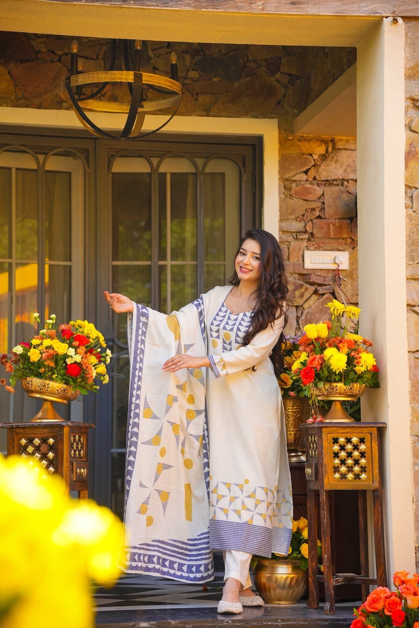 Off-White and Indigo Blue Muslin Geometric Printed Kurta Pant Suit Set with Dupatta