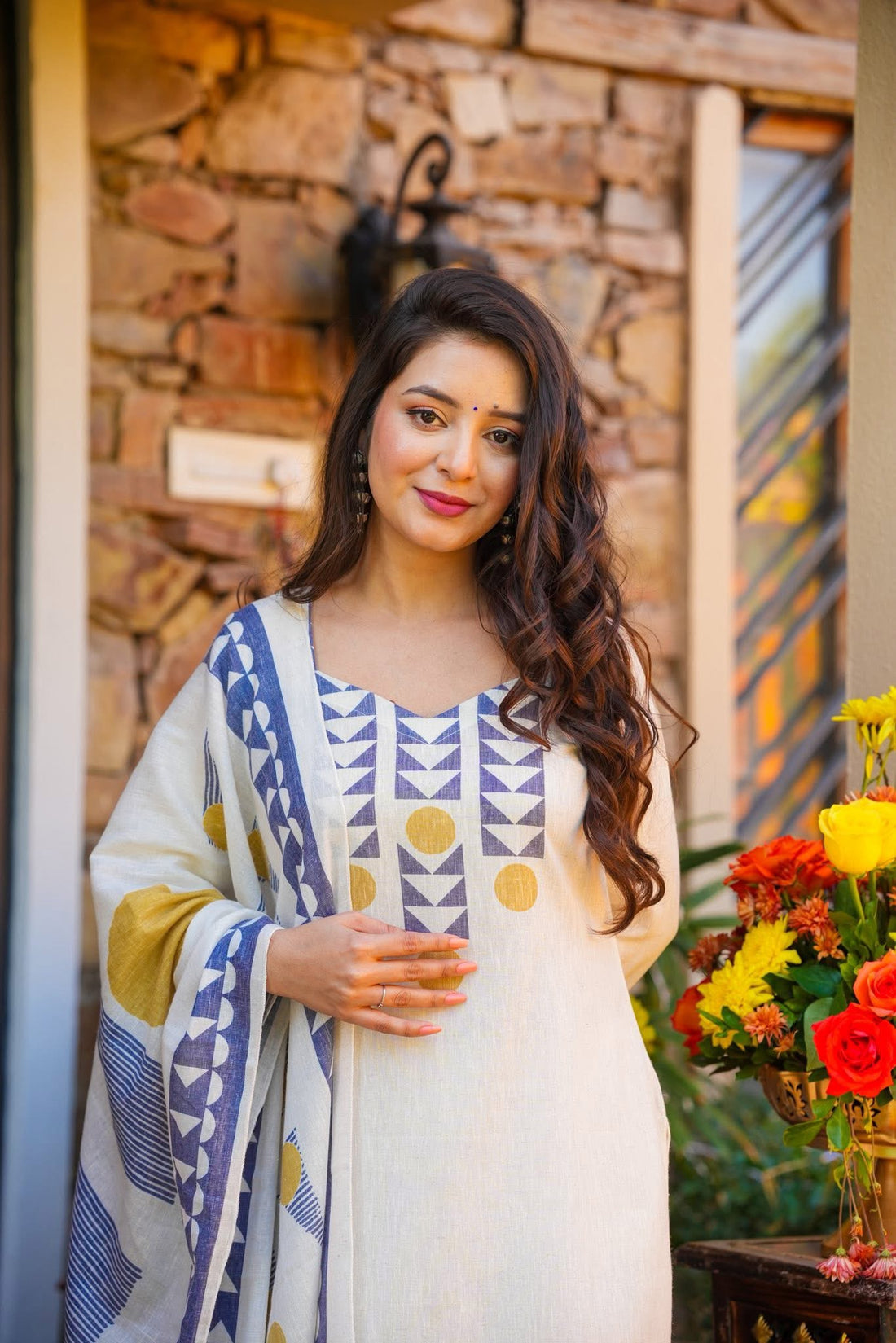 Off-White and Indigo Blue Muslin Geometric Printed Kurta Pant Suit Set with Dupatta