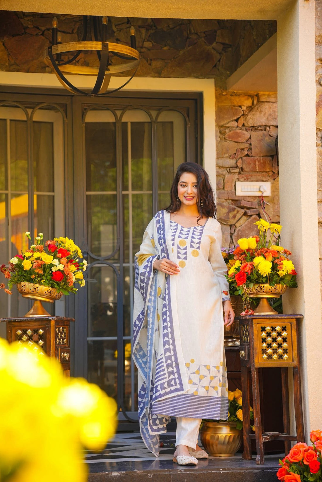 Off-White and Indigo Blue Muslin Geometric Printed Kurta Pant Suit Set with Dupatta
