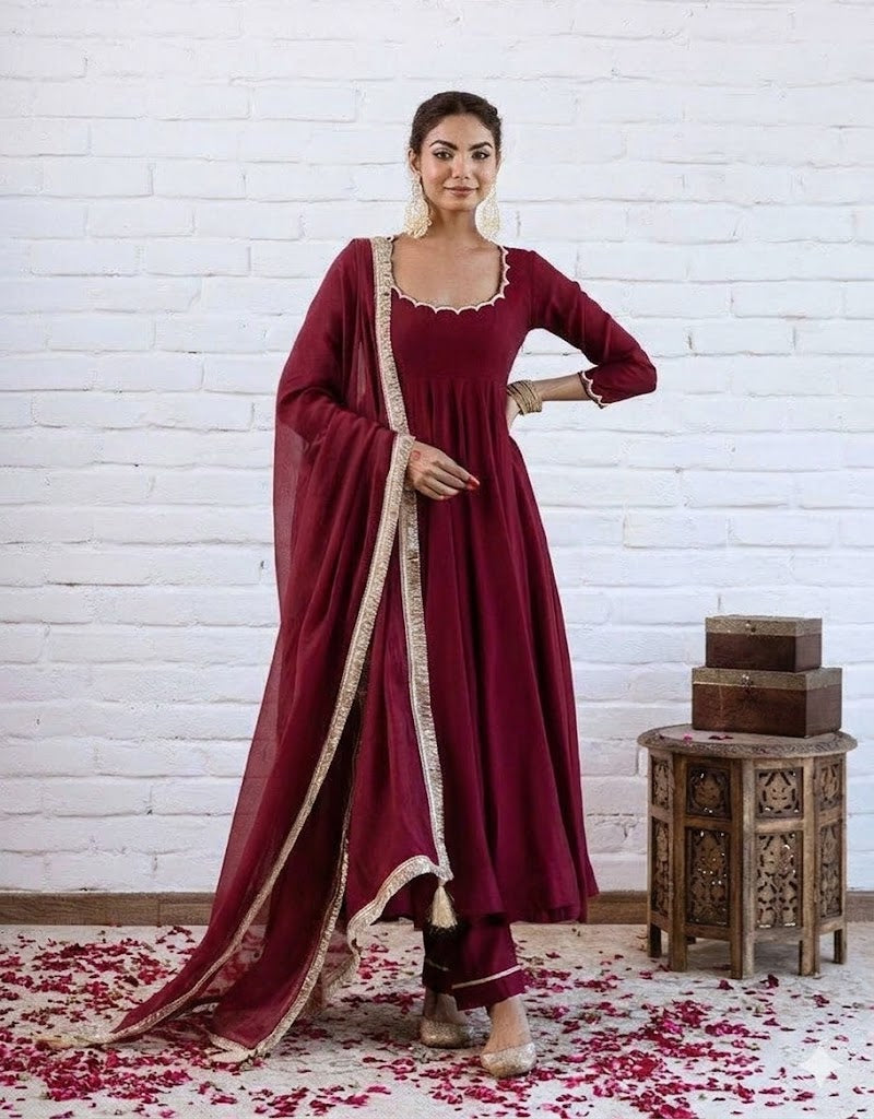 Wine Maroon Chanderi Silk Solid Anarkali Kurta Pant Suit Set with Dupatta