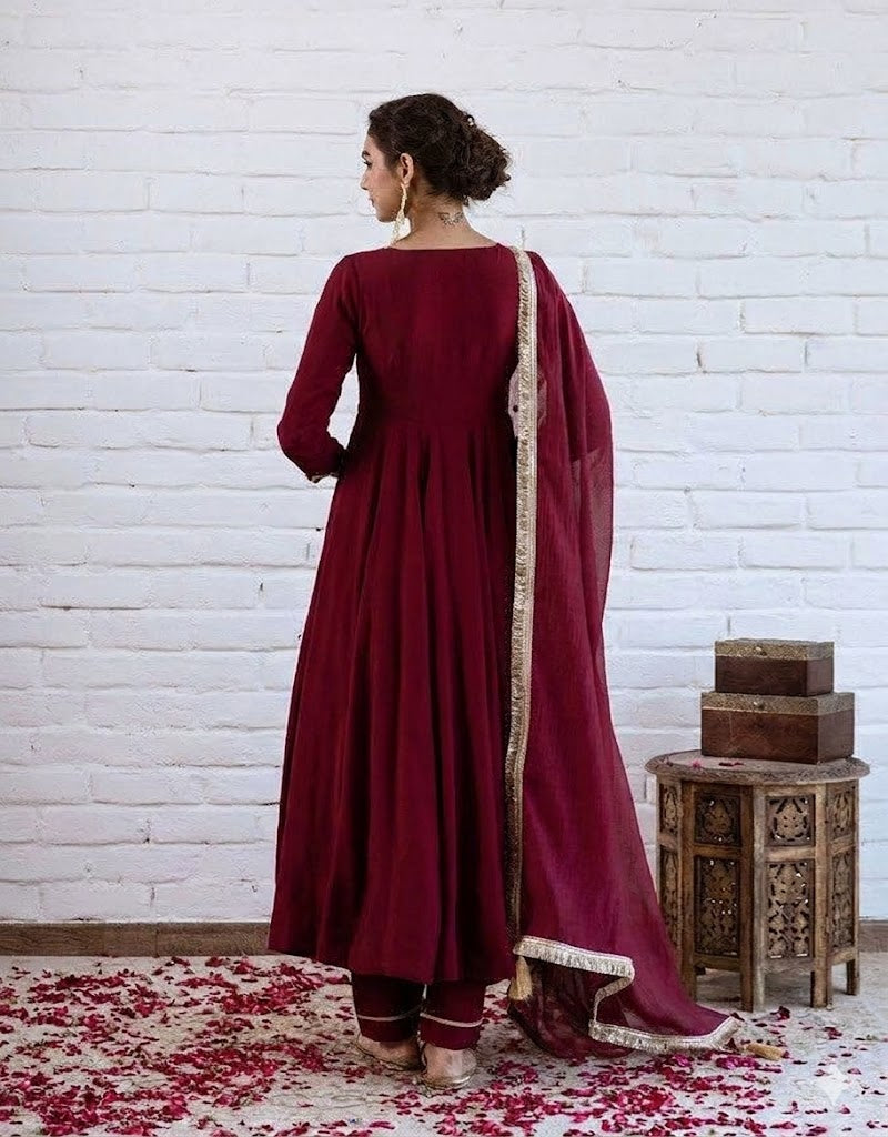 Wine Maroon Chanderi Silk Solid Anarkali Kurta Pant Suit Set with Dupatta