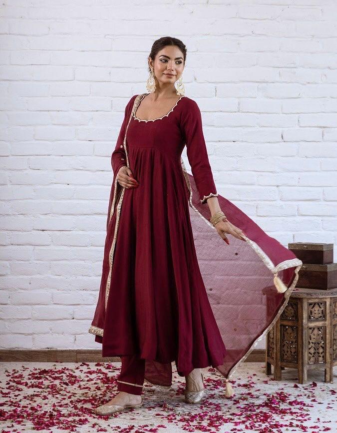 Wine Maroon Chanderi Silk Solid Anarkali Kurta Pant Suit Set with Dupatta