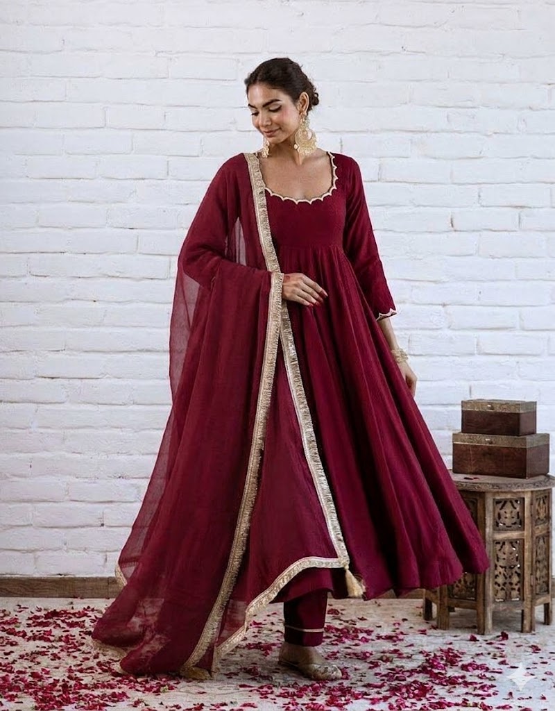 Wine Maroon Chanderi Silk Solid Anarkali Kurta Pant Suit Set with Dupatta