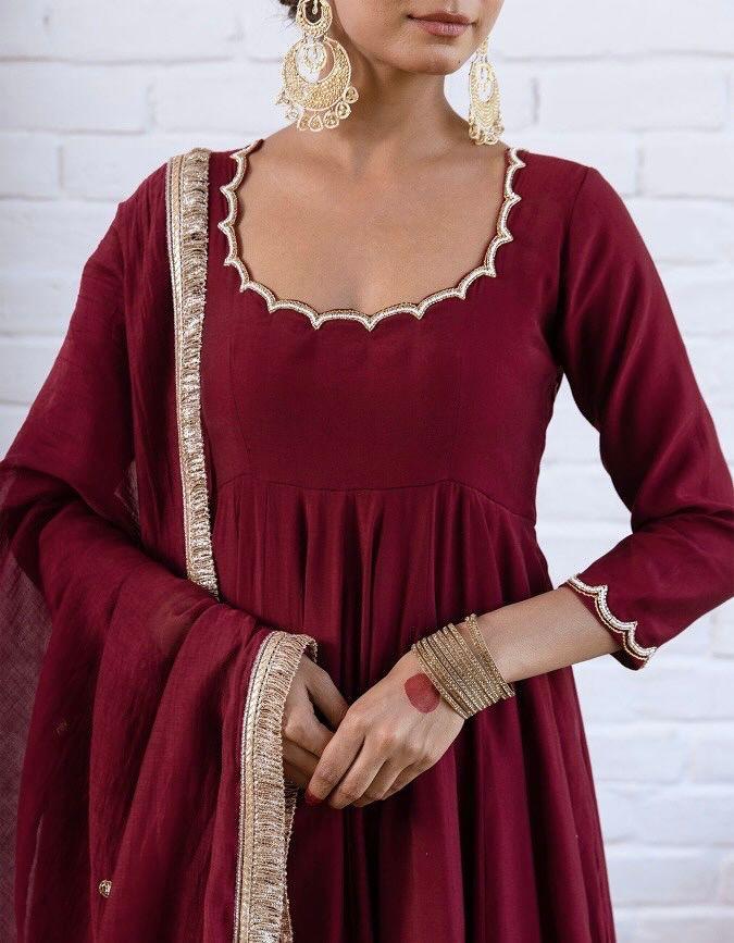 Wine Maroon Chanderi Silk Solid Anarkali Kurta Pant Suit Set with Dupatta