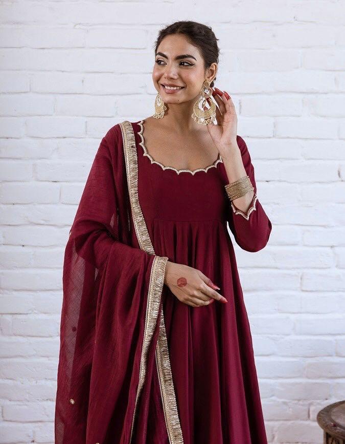 Wine Maroon Chanderi Silk Solid Anarkali Kurta Pant Suit Set with Dupatta