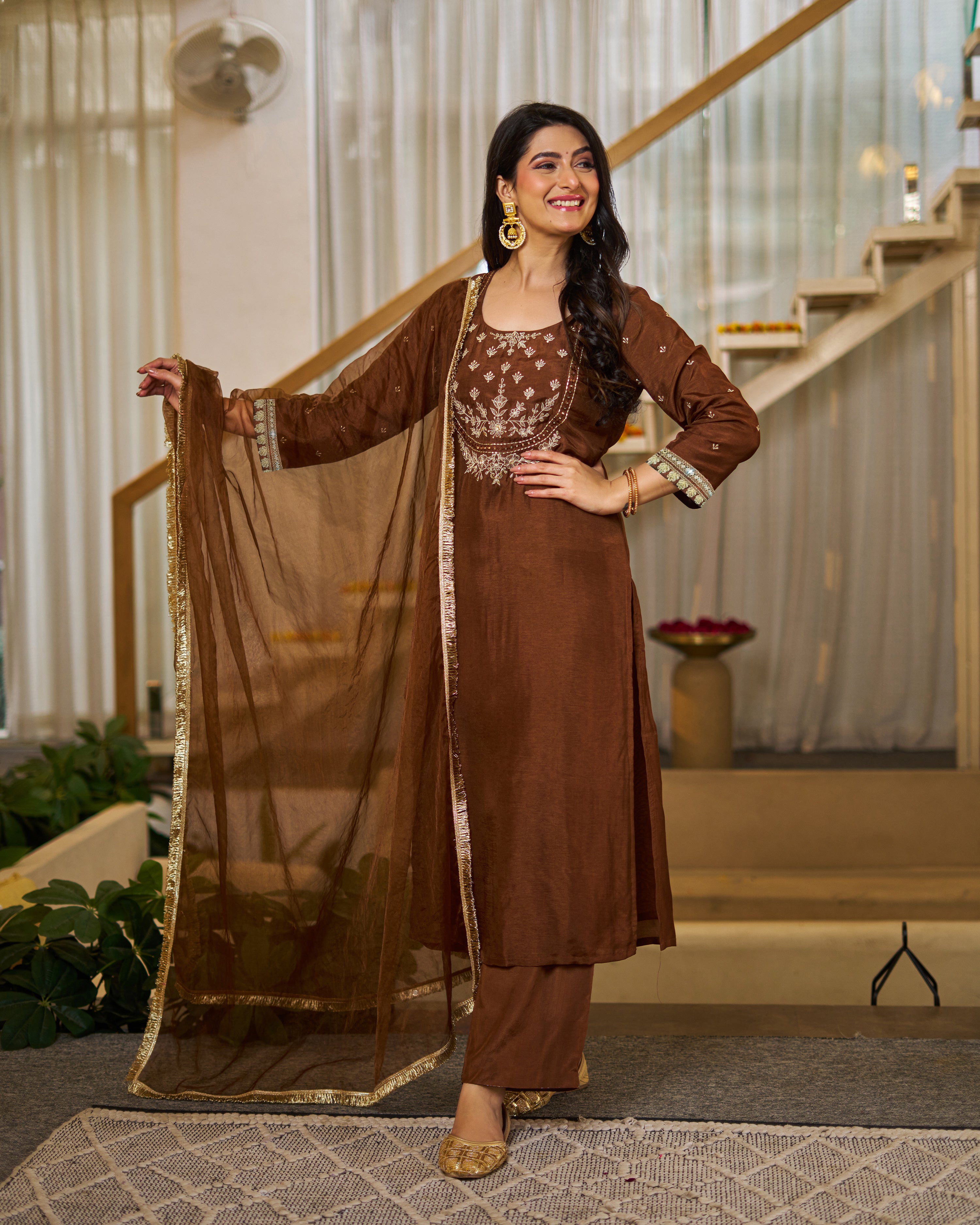 Vichitra Silk Straight Kurta Pant Suit Set with Dupatta