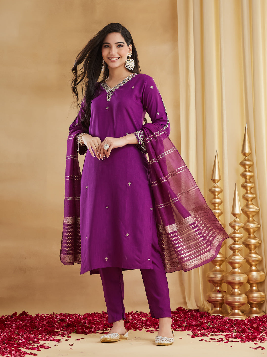 Purple Viscose Rayon Straight Kurta Pant Suit Set with Dupatta